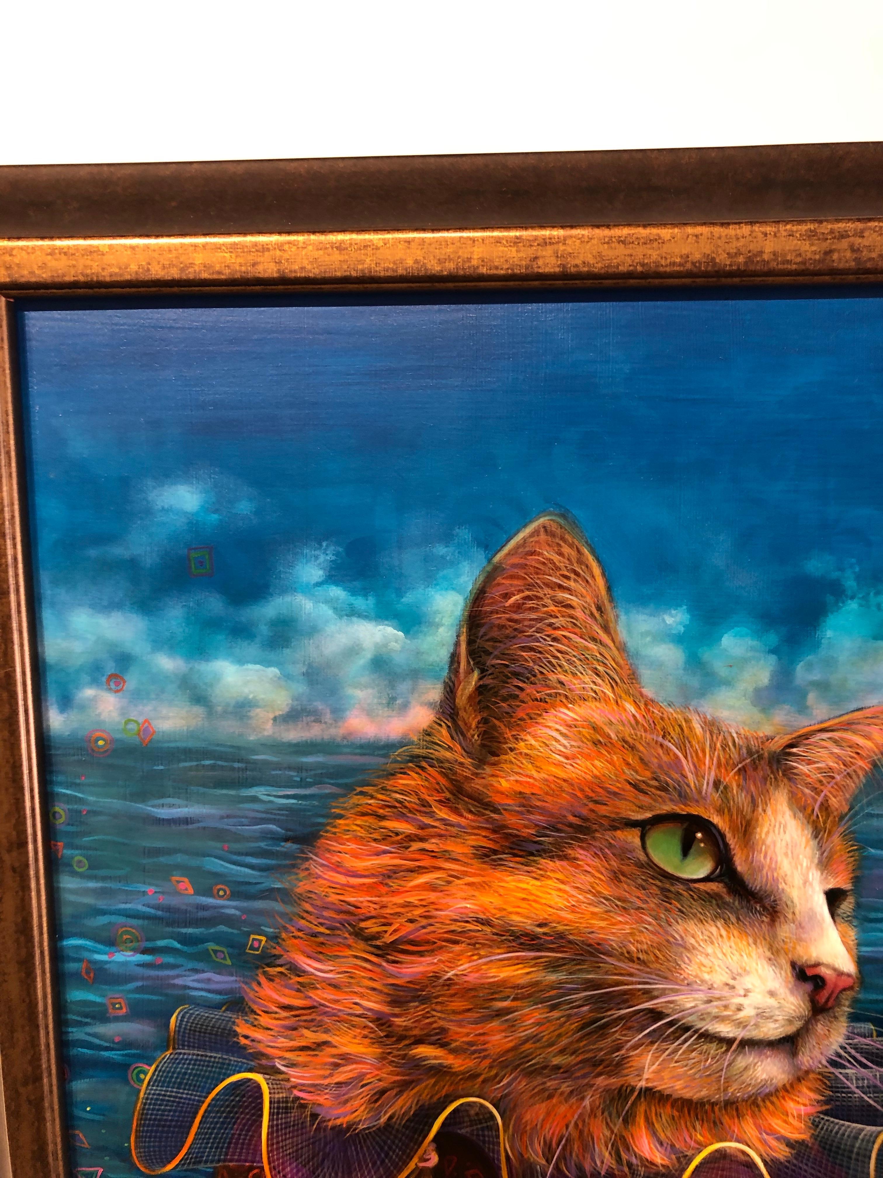 Tricks - Original Oil Painting, Anthropomorphic Scene with Cat and Seagull For Sale 3