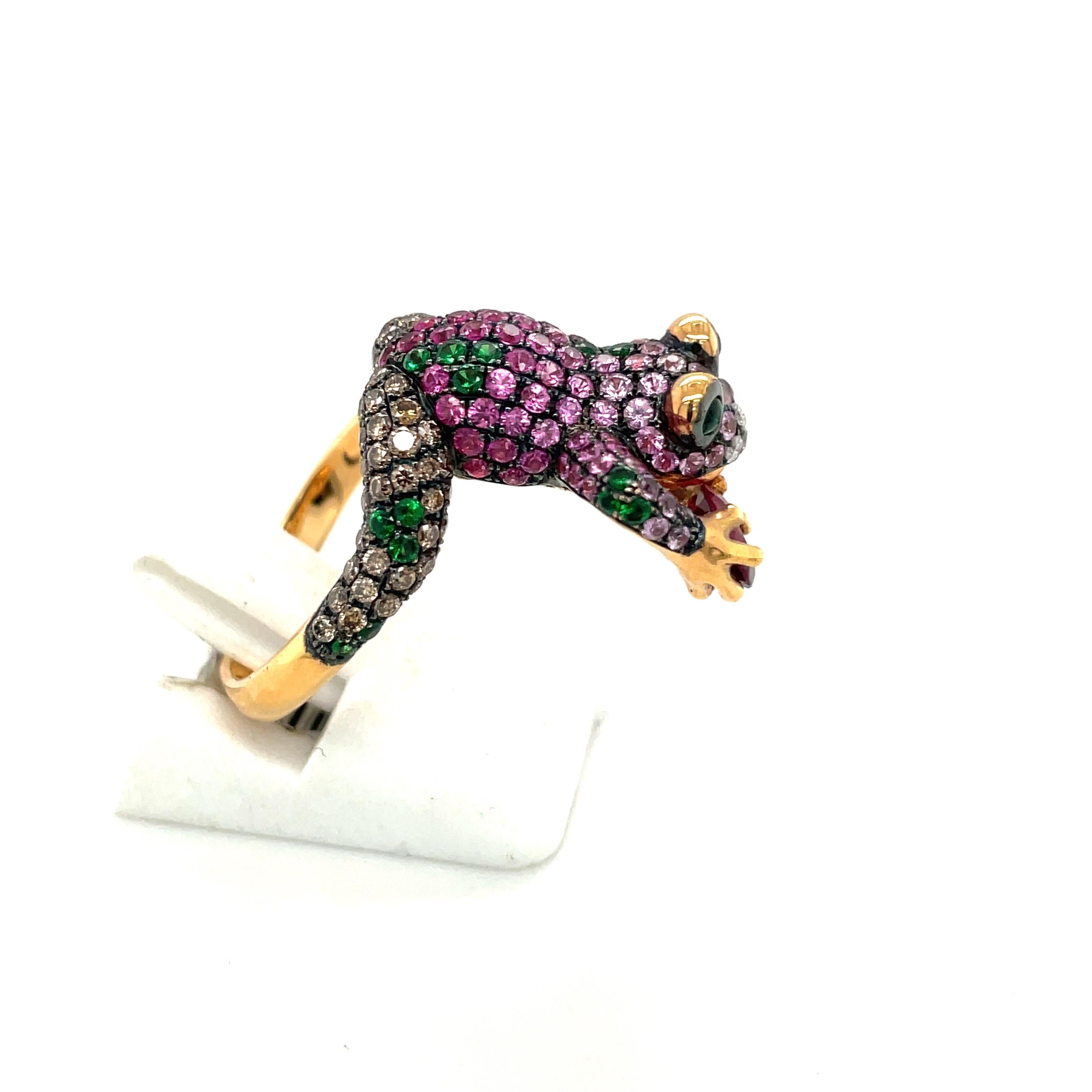 Artisan Wendy Yu 18KT Rose Gold Frog Ring 1.38Ct Pink Sapphire 0.70 Ct Brown Diamond