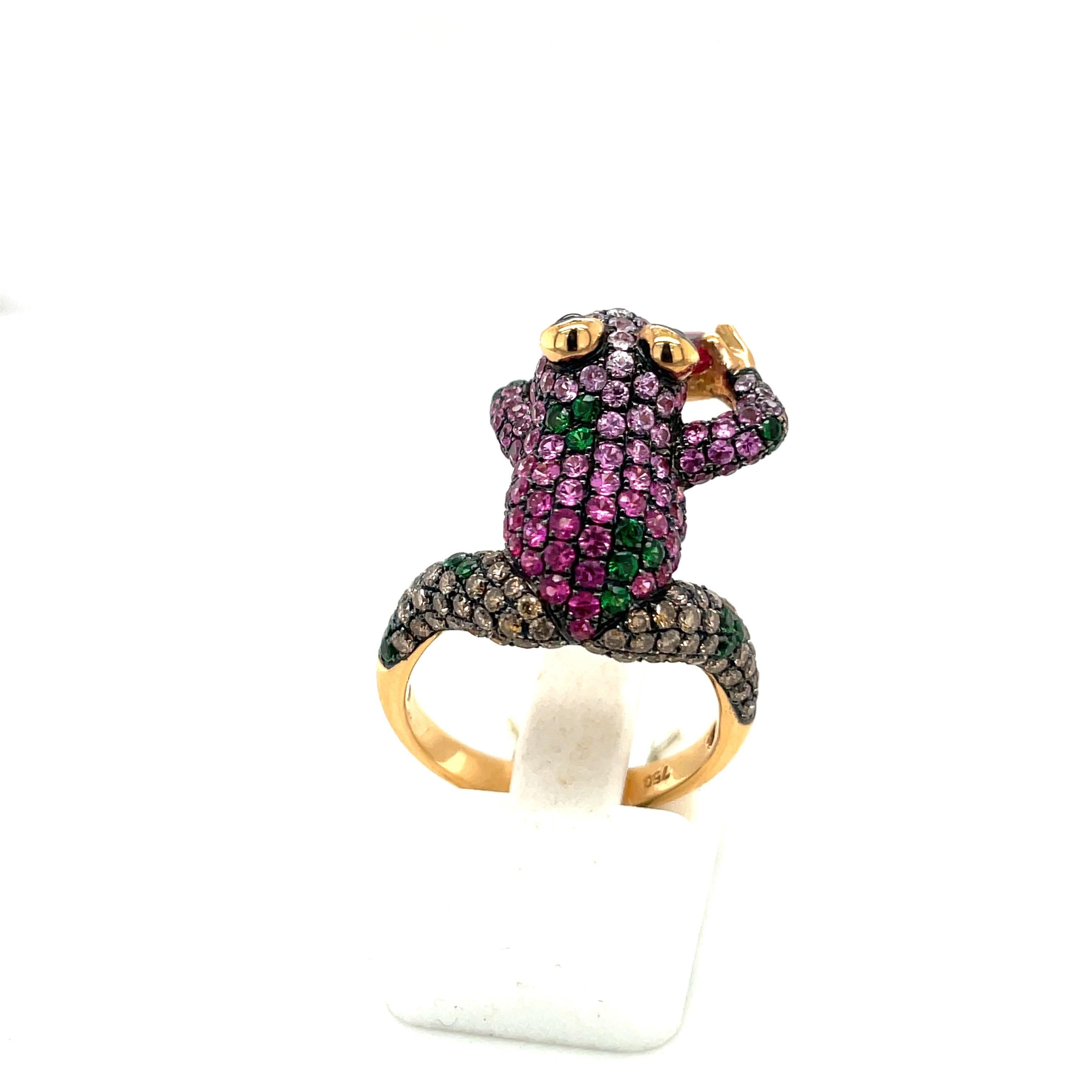 Round Cut Wendy Yu 18KT Rose Gold Frog Ring 1.38Ct Pink Sapphire 0.70 Ct Brown Diamond