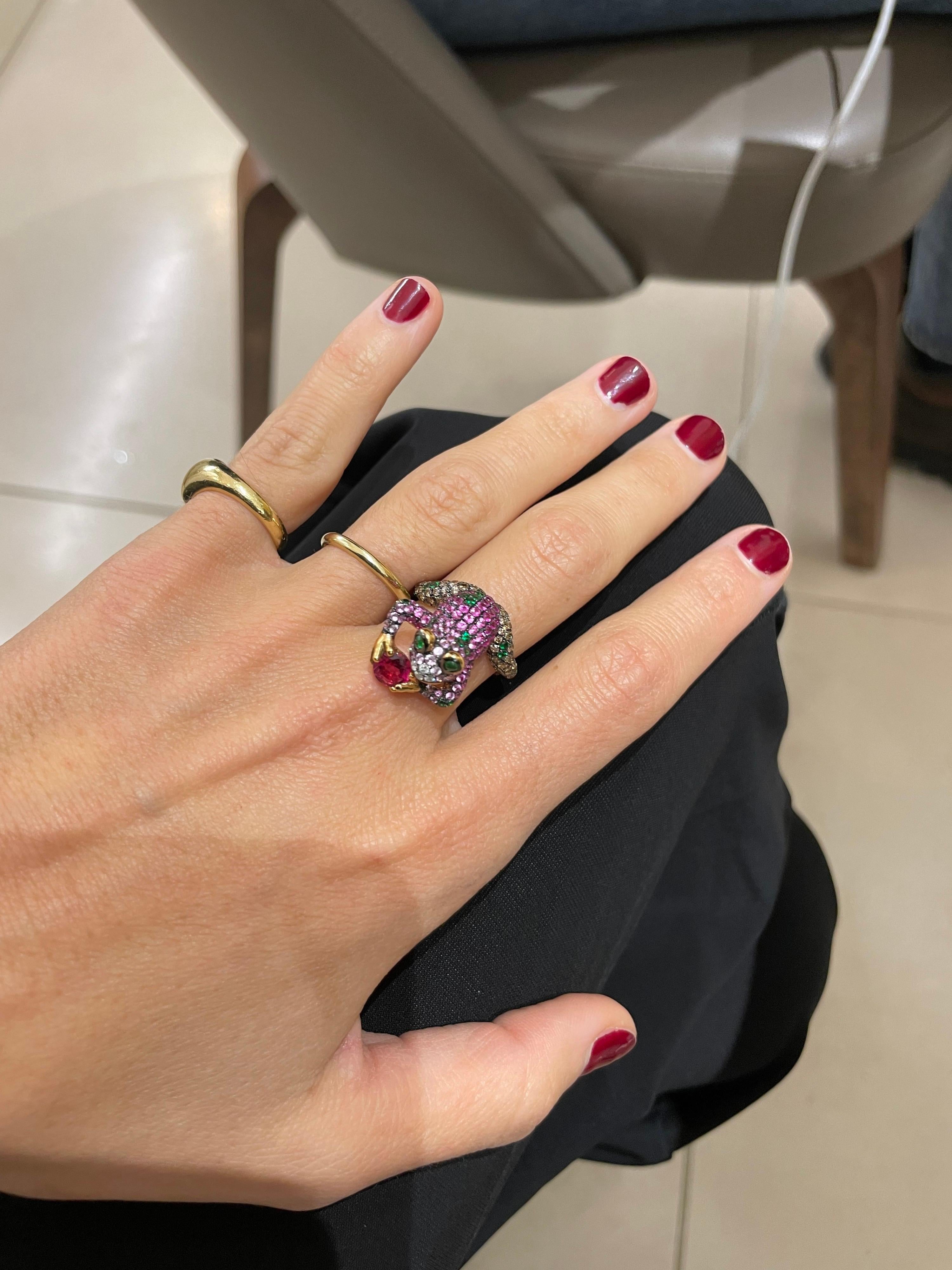 Wendy Yu 18KT Rose Gold Frog Ring 1.38Ct Pink Sapphire 0.70 Ct Brown Diamond 1