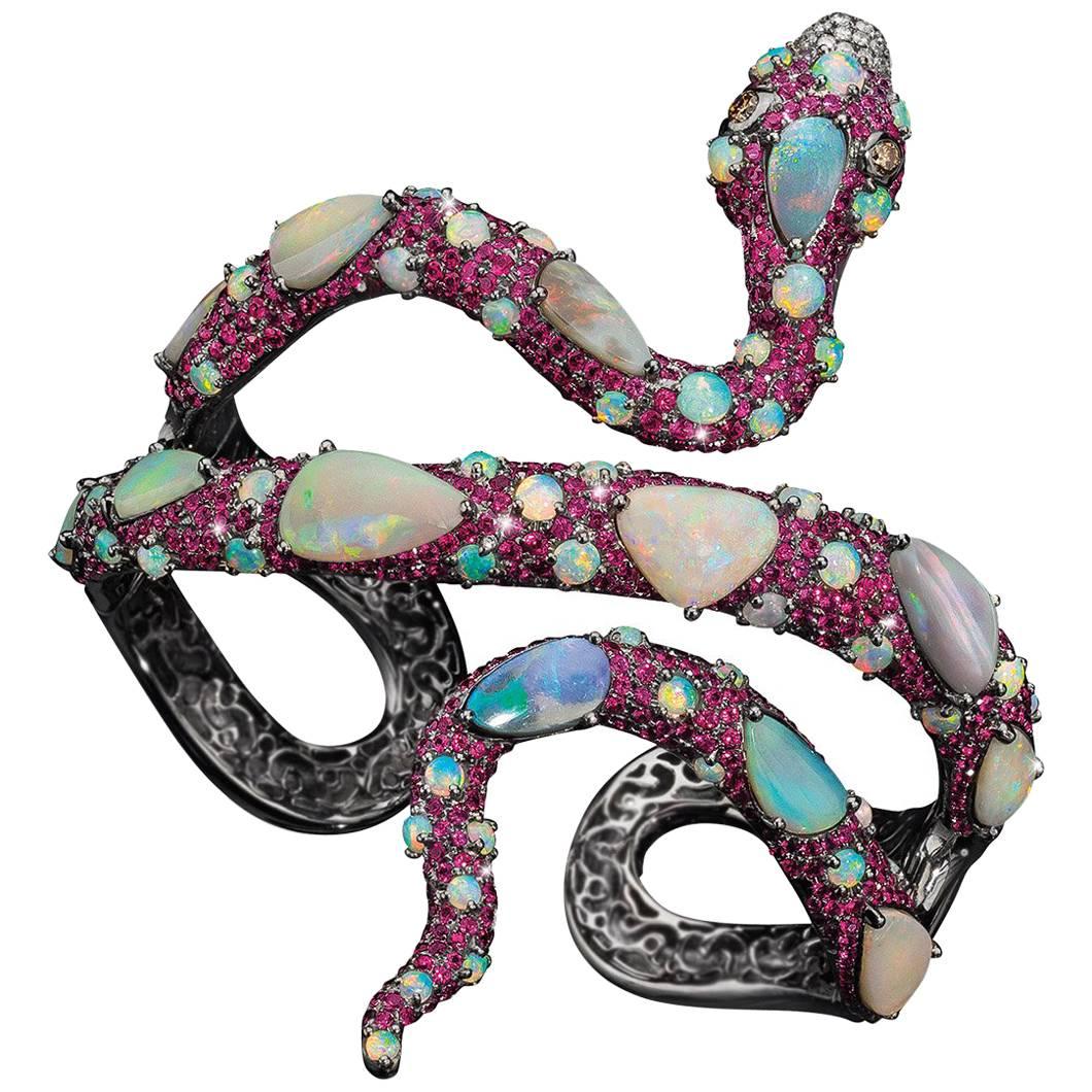 Wendy Yue 8.60 Carat Ruby and 16.05 Carat Opal Serpent 18 Karat Gold Cuff For Sale