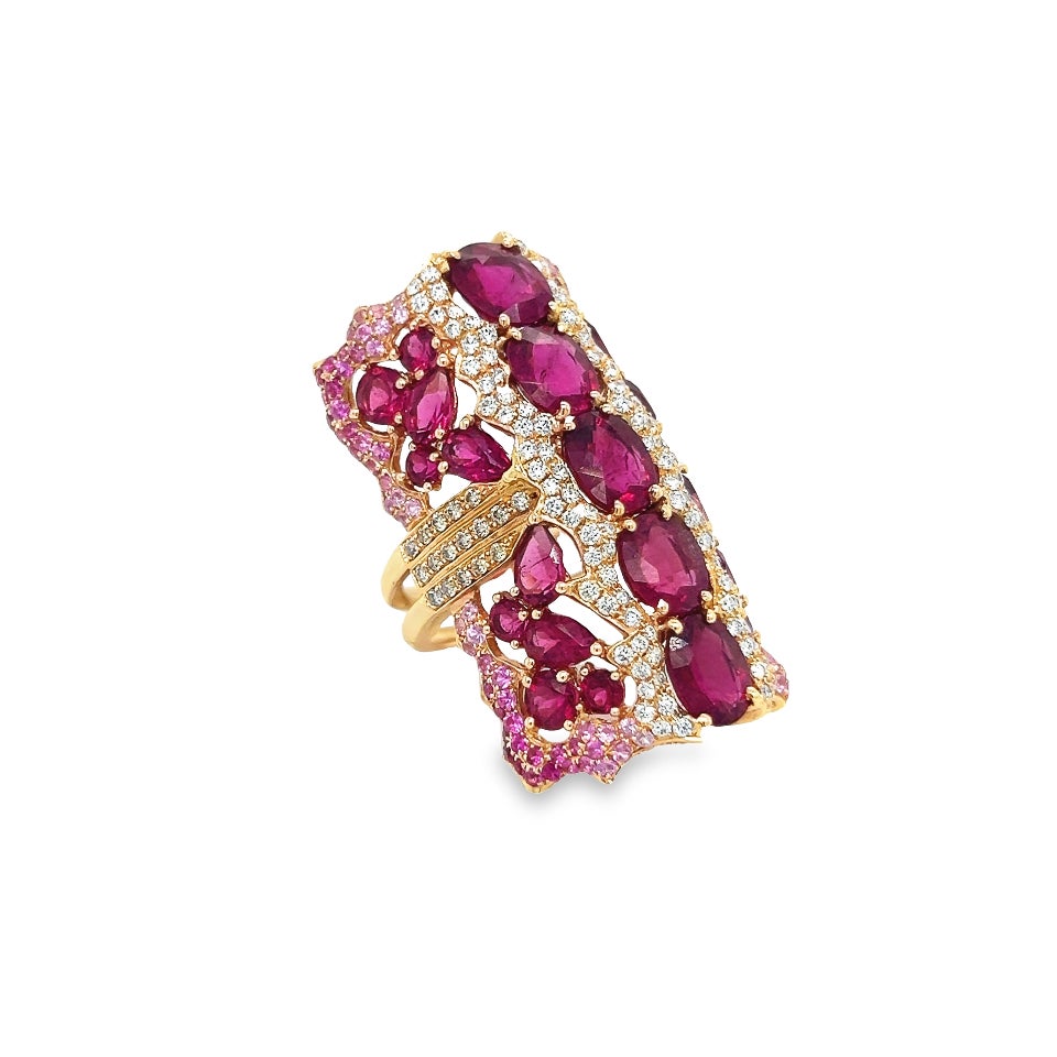Beautiful ring crafted in 18k gold rose gold by famed designer Wendy Yue.
A Hong Kong native known for her whimsical designs full of color and vibrancy. 
   This cocktail ring is set with colored gemstones and round brilliant cut natural diamonds.