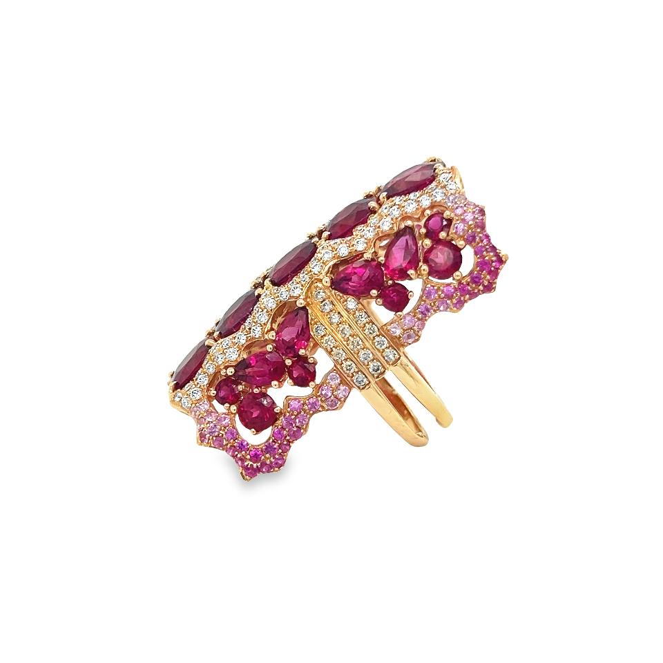 Mixed Cut Wendy Yue Diamond Rubellite & Sapphire Gemstone Cocktail Ring 18k Rose Gold For Sale
