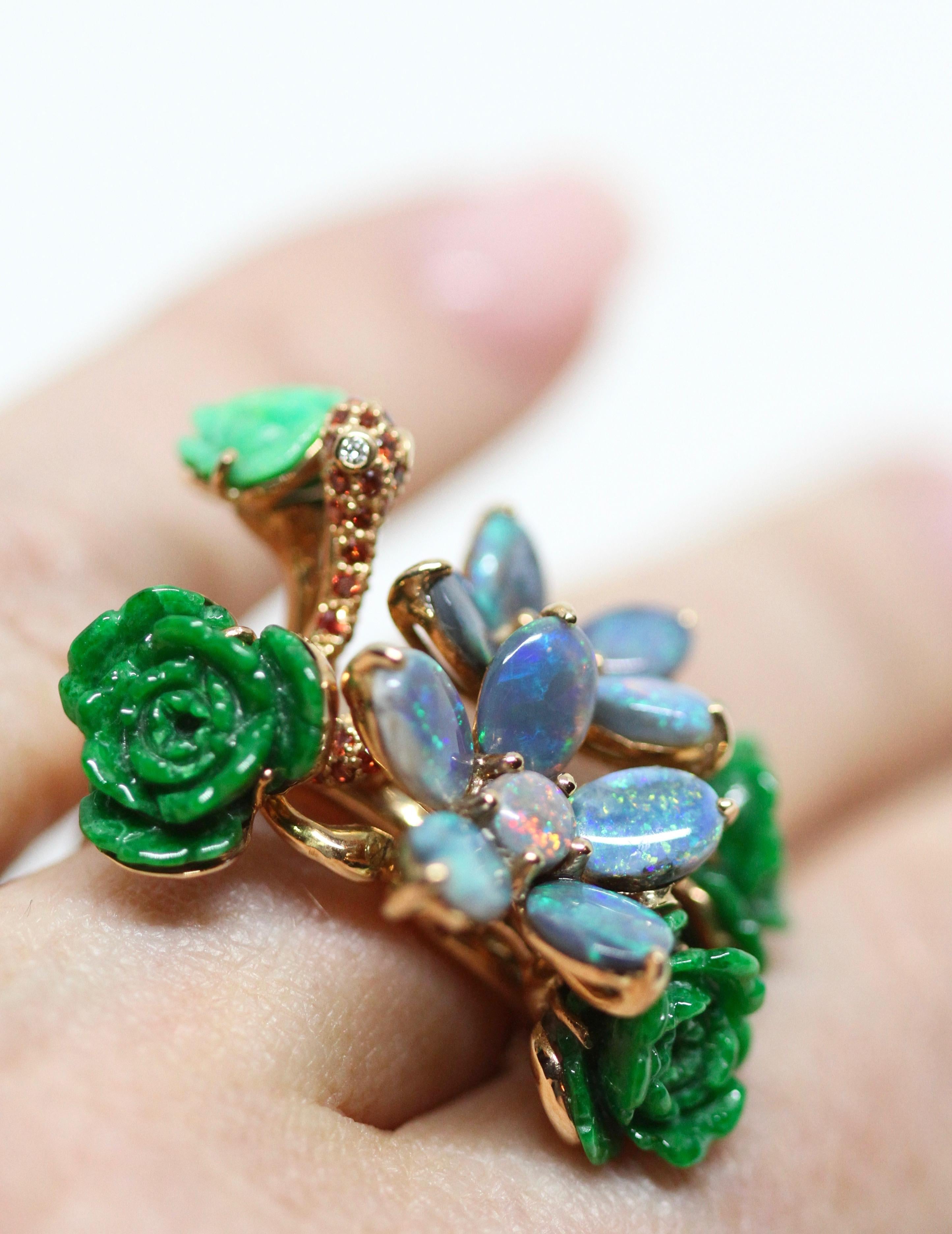 Wendy Yue Green Jade Blue Opal and Green Turquoise 18K Rose Gold Flower Ring 2