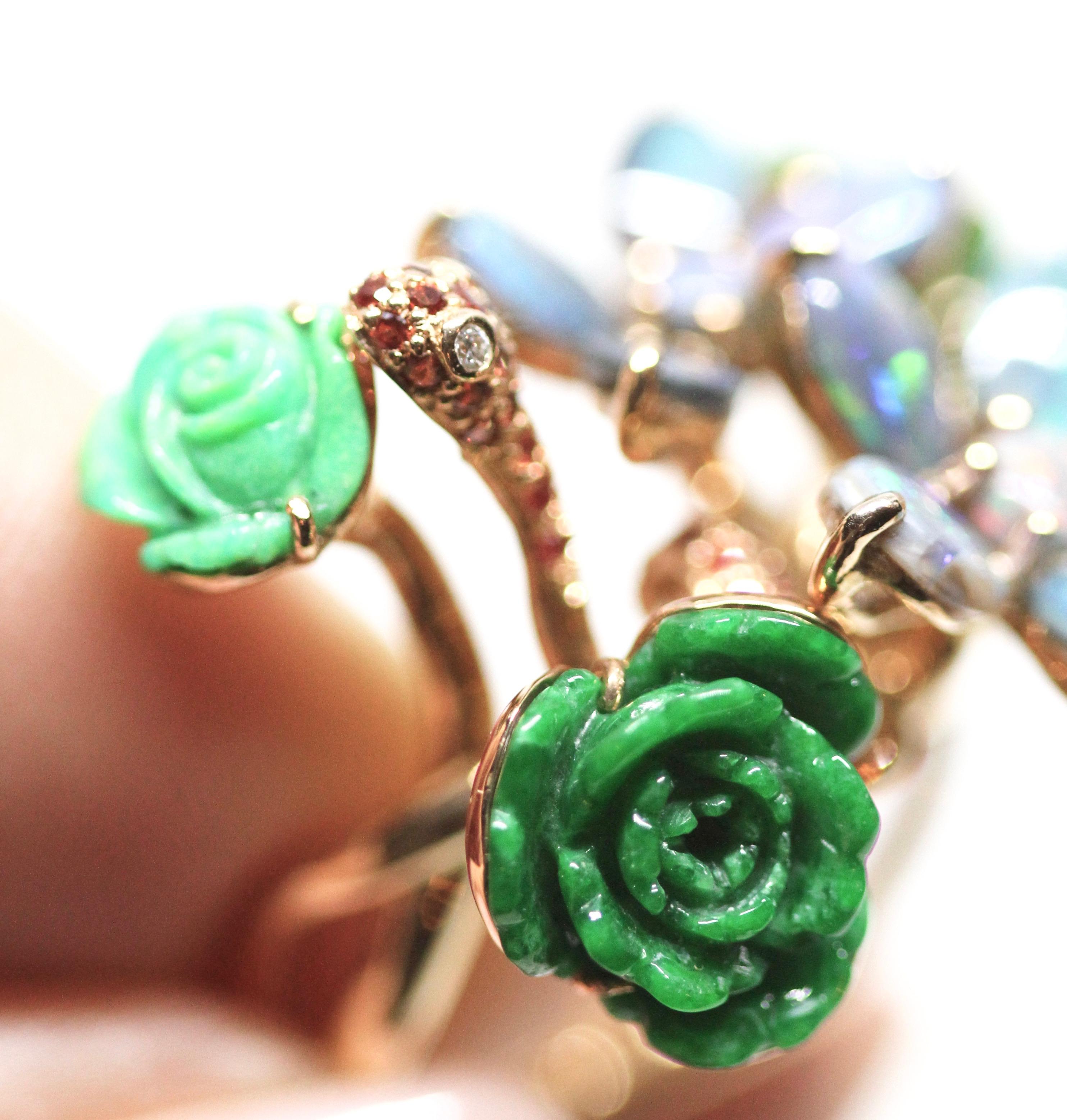Rose Cut Wendy Yue Green Jade Blue Opal and Green Turquoise 18K Rose Gold Flower Ring