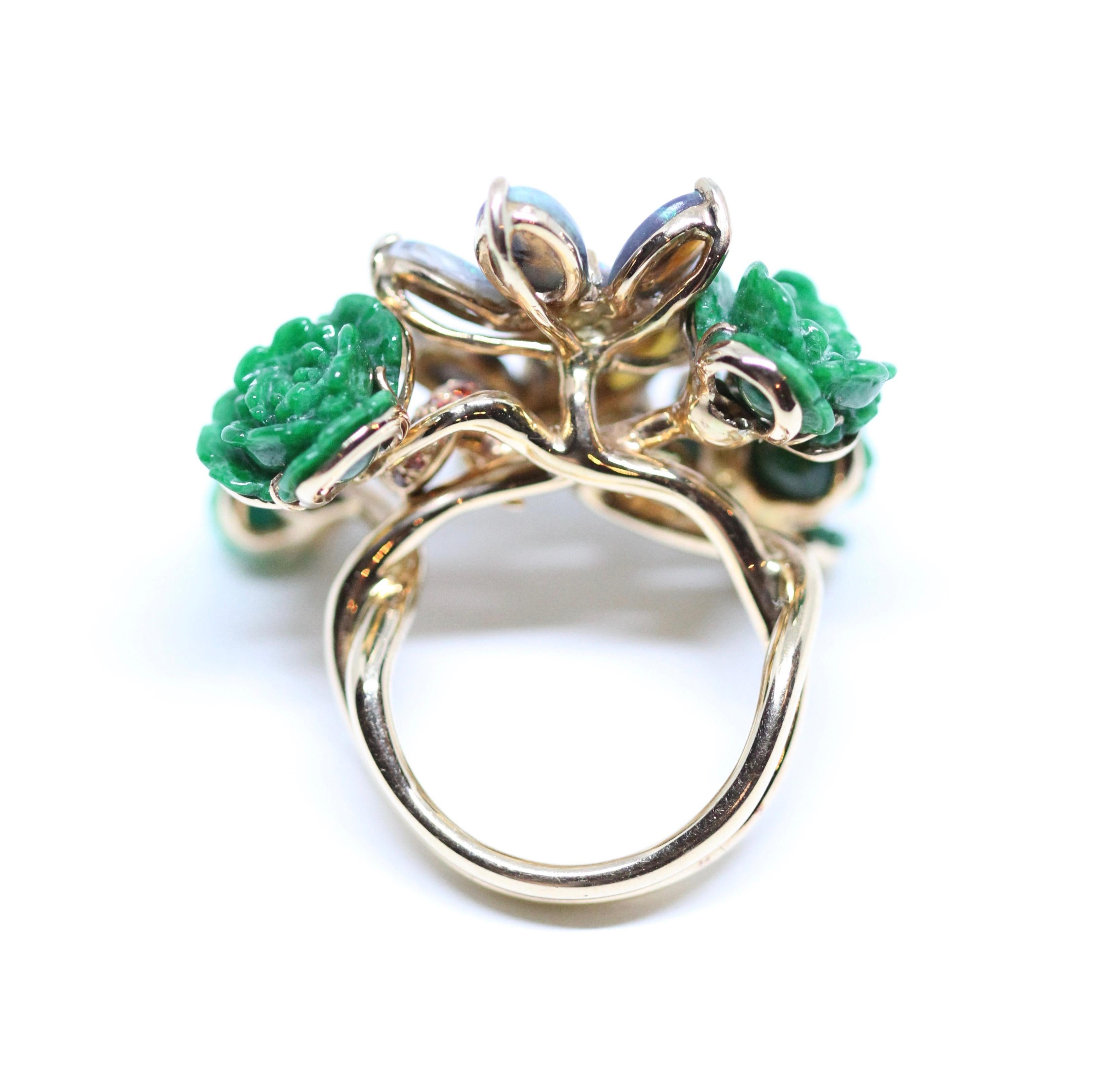 Wendy Yue Green Jade Blue Opal and Green Turquoise 18K Rose Gold Flower Ring In Excellent Condition In Geneva, CH