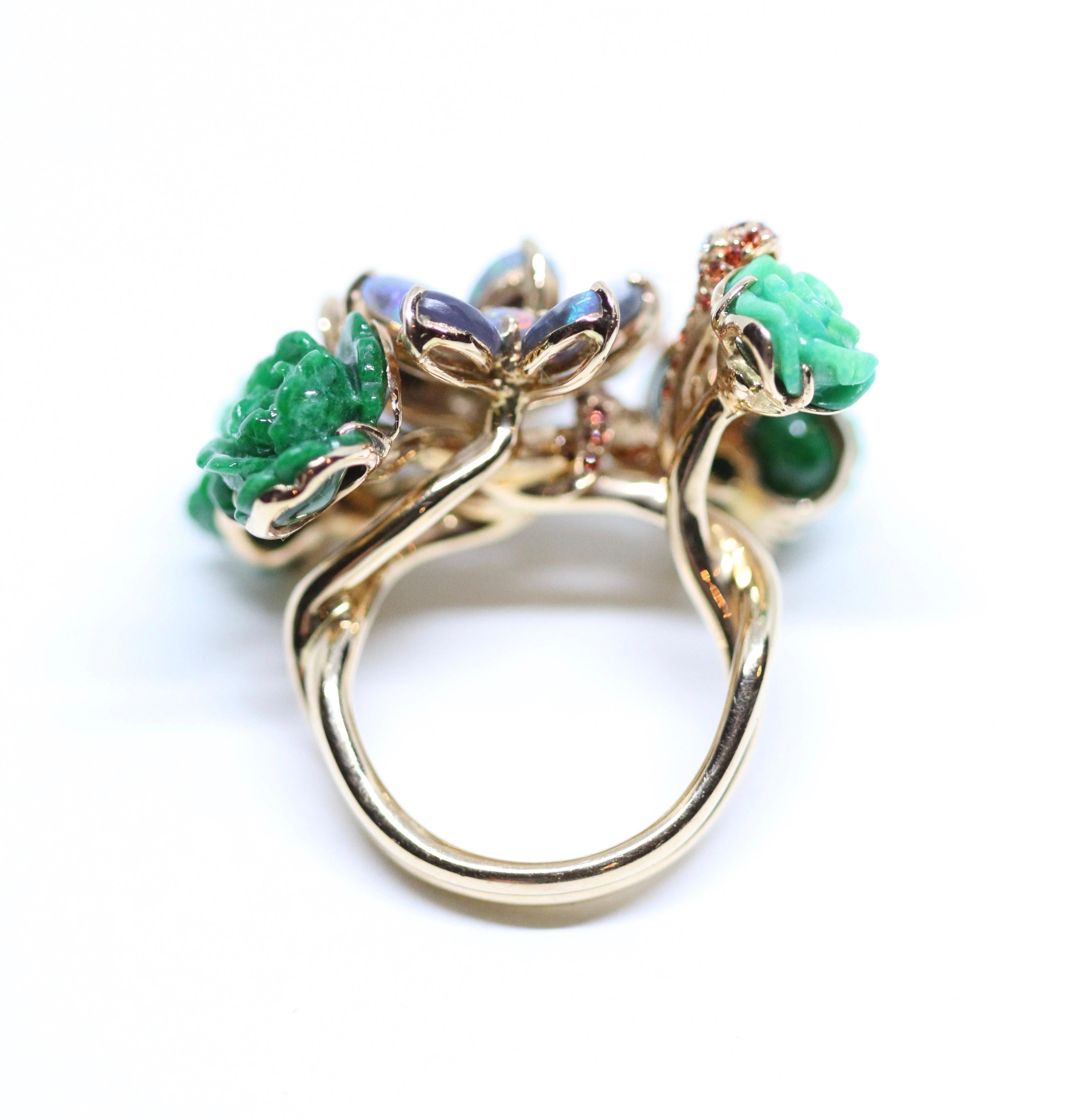 Women's Wendy Yue Green Jade Blue Opal and Green Turquoise 18K Rose Gold Flower Ring