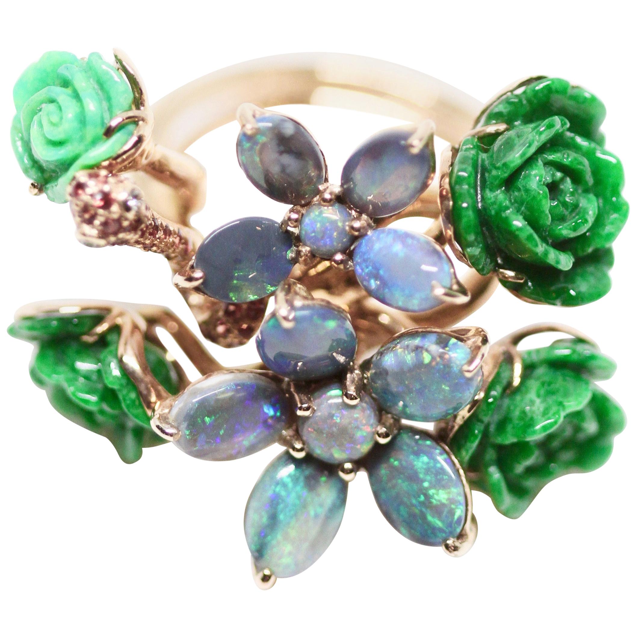 Wendy Yue Green Jade Blue Opal and Green Turquoise 18K Rose Gold Flower Ring