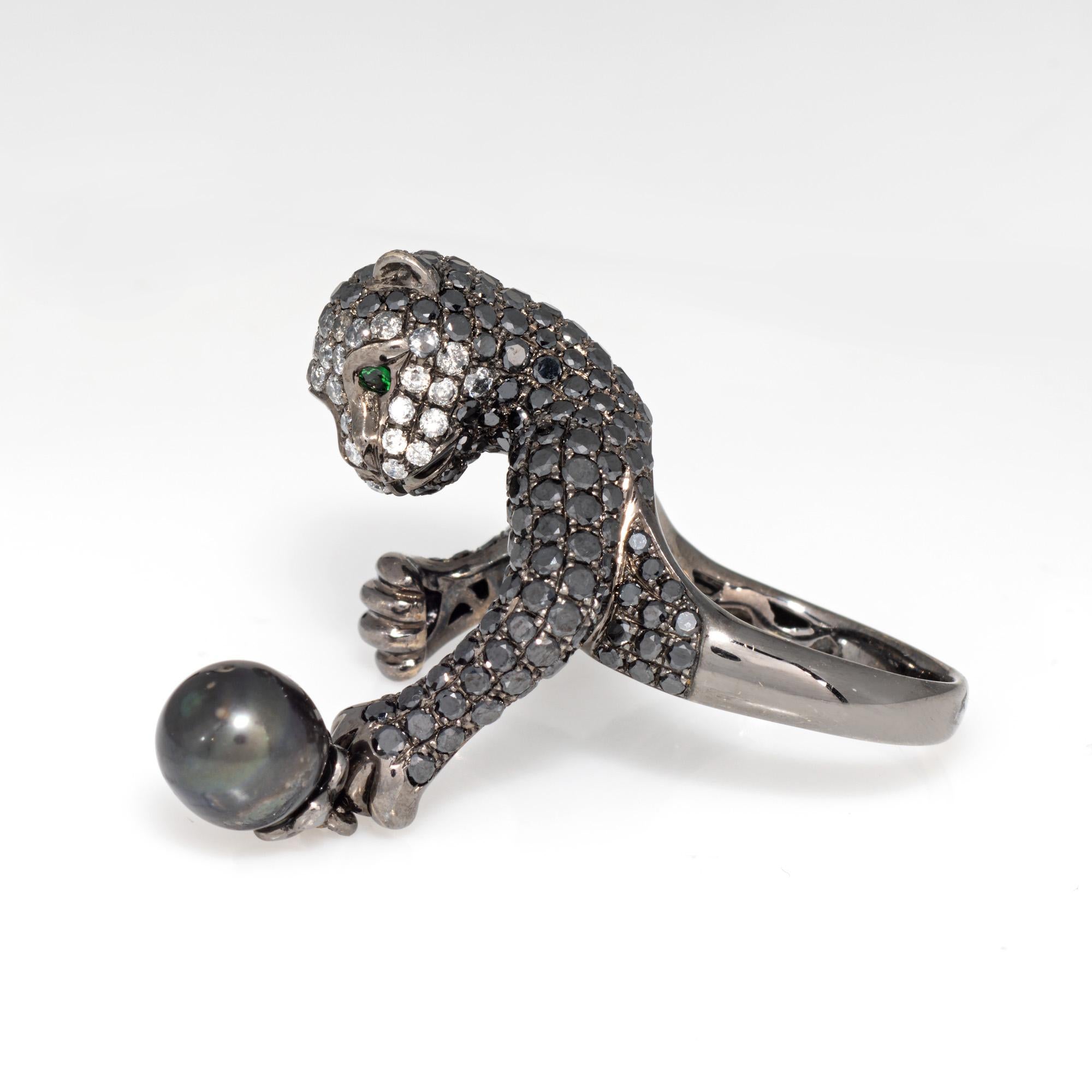 Contemporary Wendy Yue Panther Ring Black Diamonds Sz 7 18k Blackened Gold Pearl Jewelry For Sale
