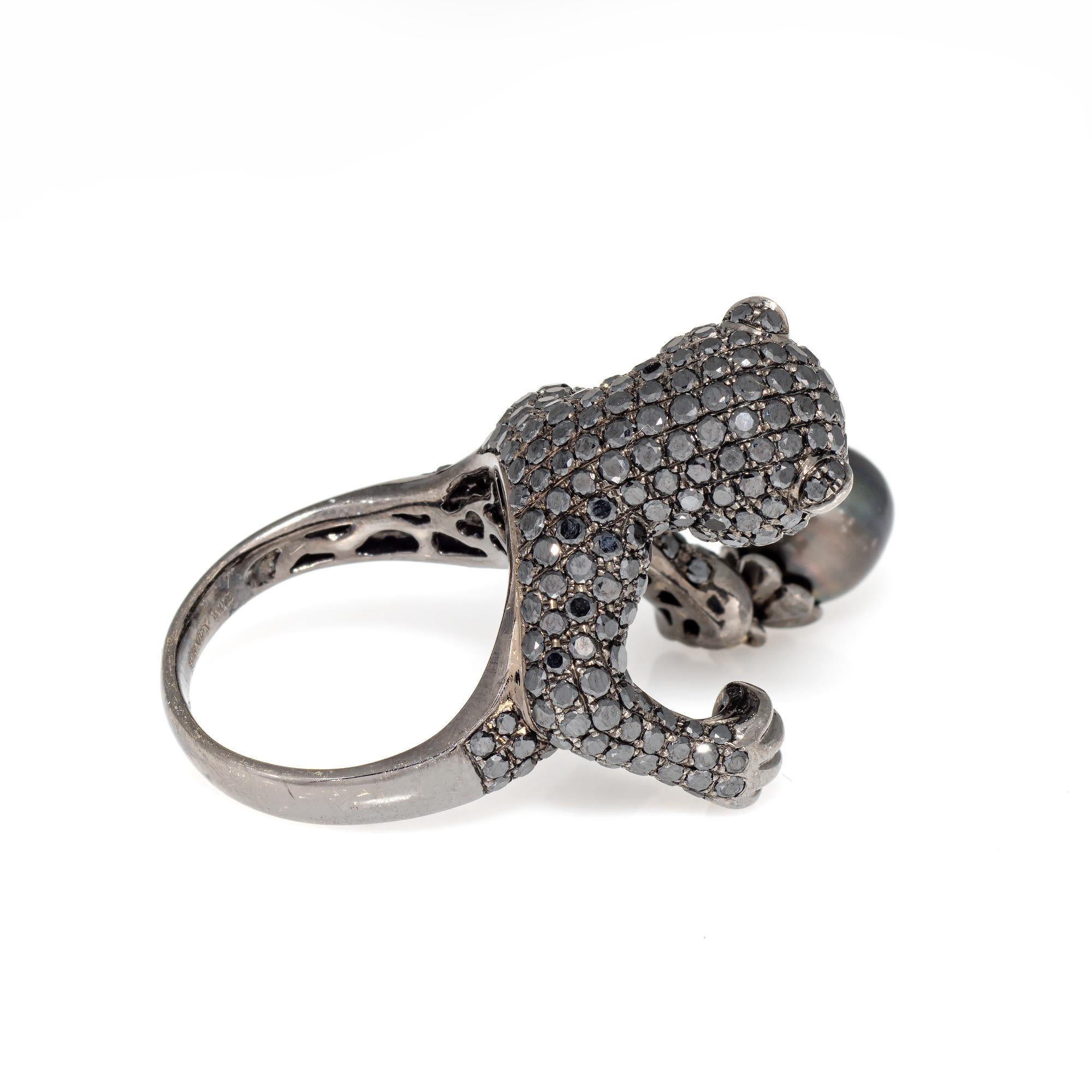Round Cut Wendy Yue Panther Ring Black Diamonds Sz 7 18k Blackened Gold Pearl Jewelry For Sale