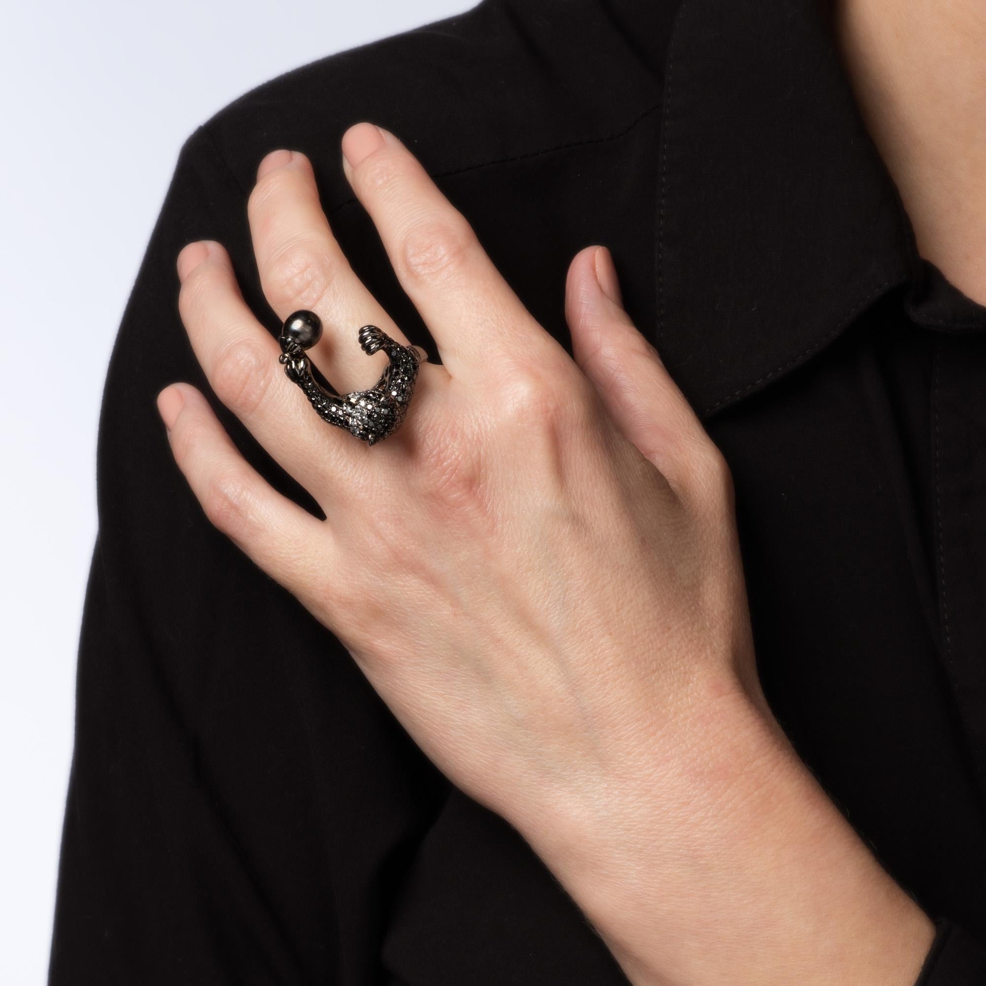 Wendy Yue Panther Ring Black Diamonds Sz 7 18k Blackened Gold Pearl Jewelry For Sale 1