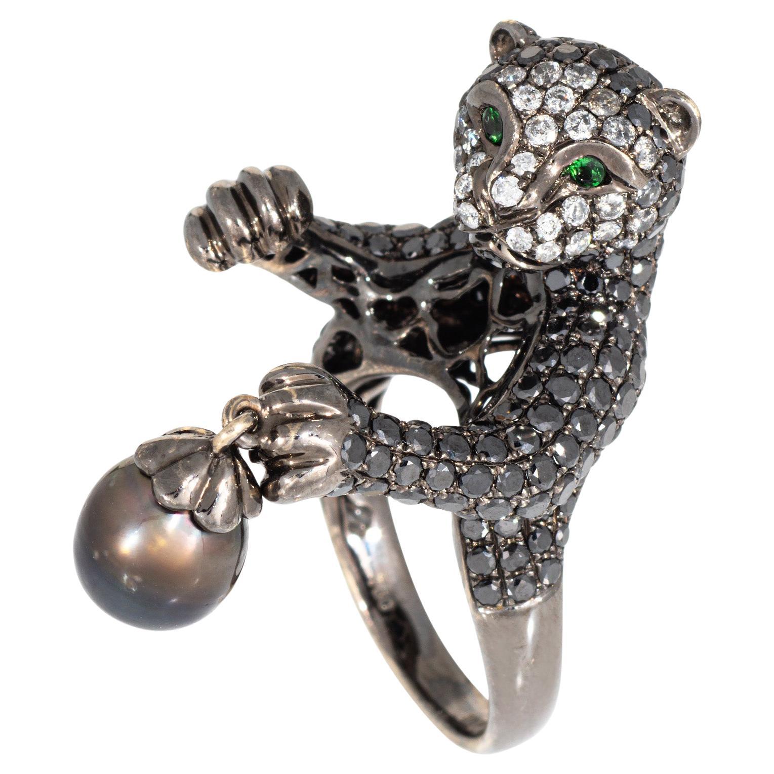 Wendy Yue Panther Ring Black Diamonds Sz 7 18k Blackened Gold Pearl Jewelry