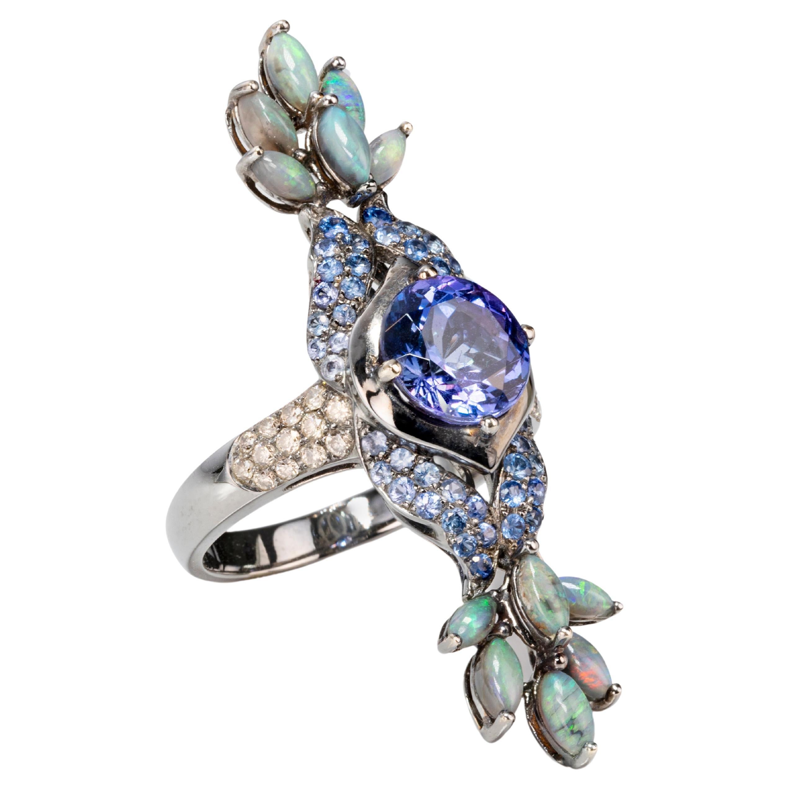 Wendy Yue Tanzanite, Opal, Diamond And Sapphire Peacock Ring For Sale