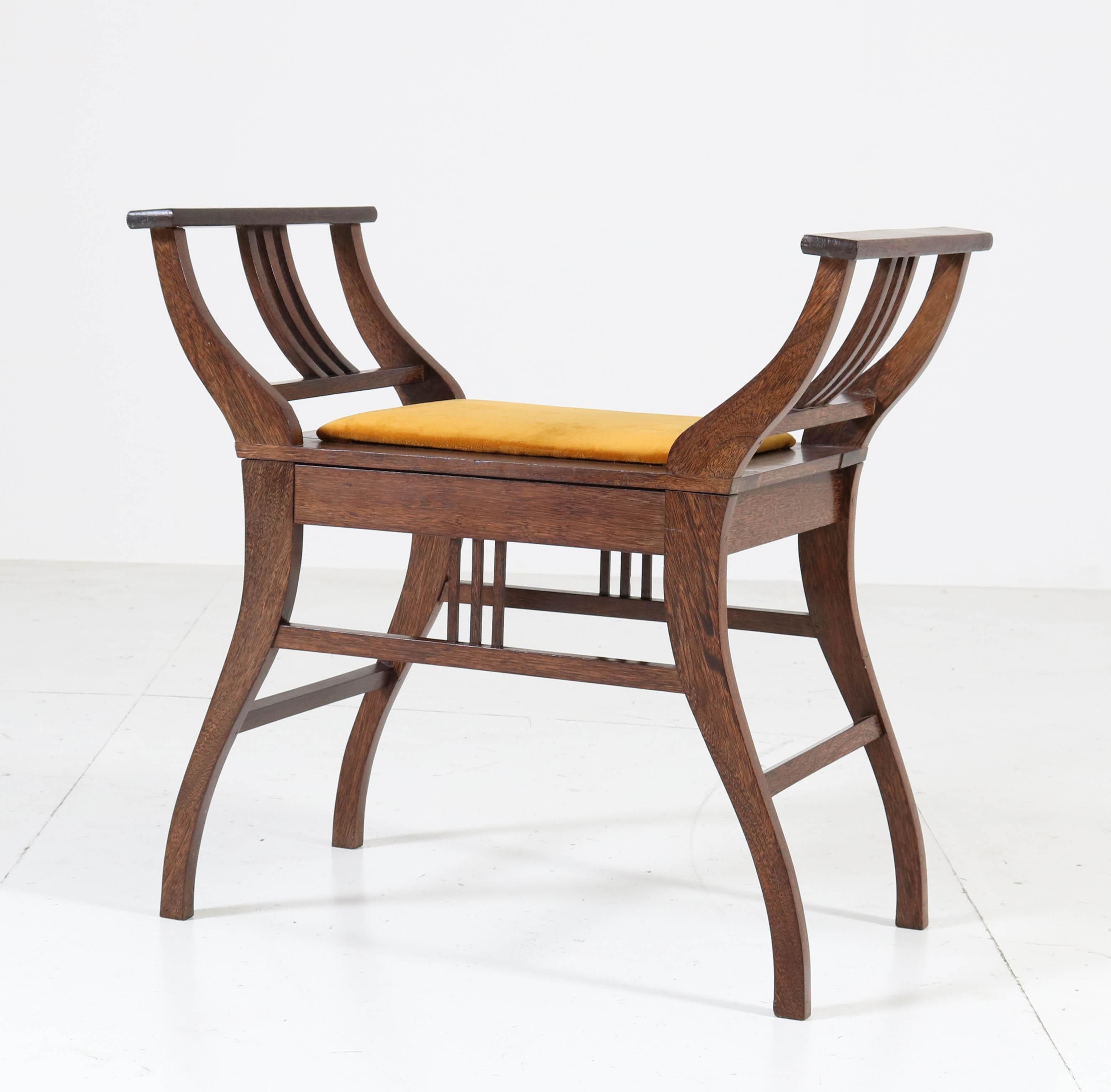 Wonderful and rare Art Nouveau Arts & Crafts stool.
Striking Dutch design of the 1900s.
Solid Wenge with re-upholstered seat.
In very good condition with minor wear consistent with age and use,
preserving a beautiful patina.