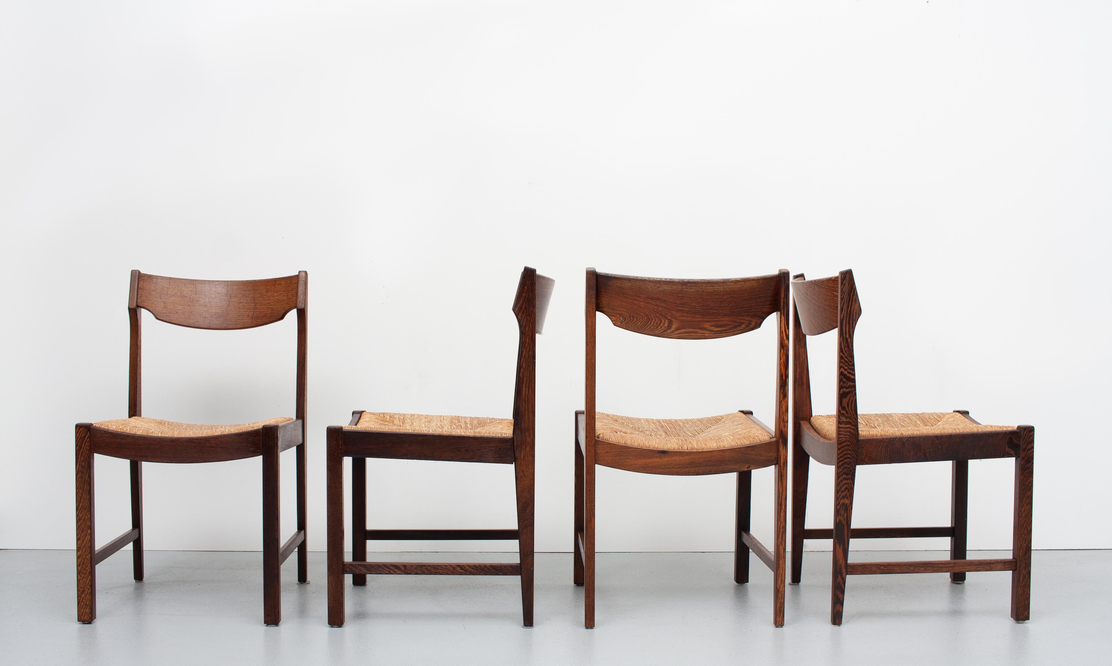 Mid-Century Modern Wengé Dining Chairs Rattan Dutch, 1960s For Sale