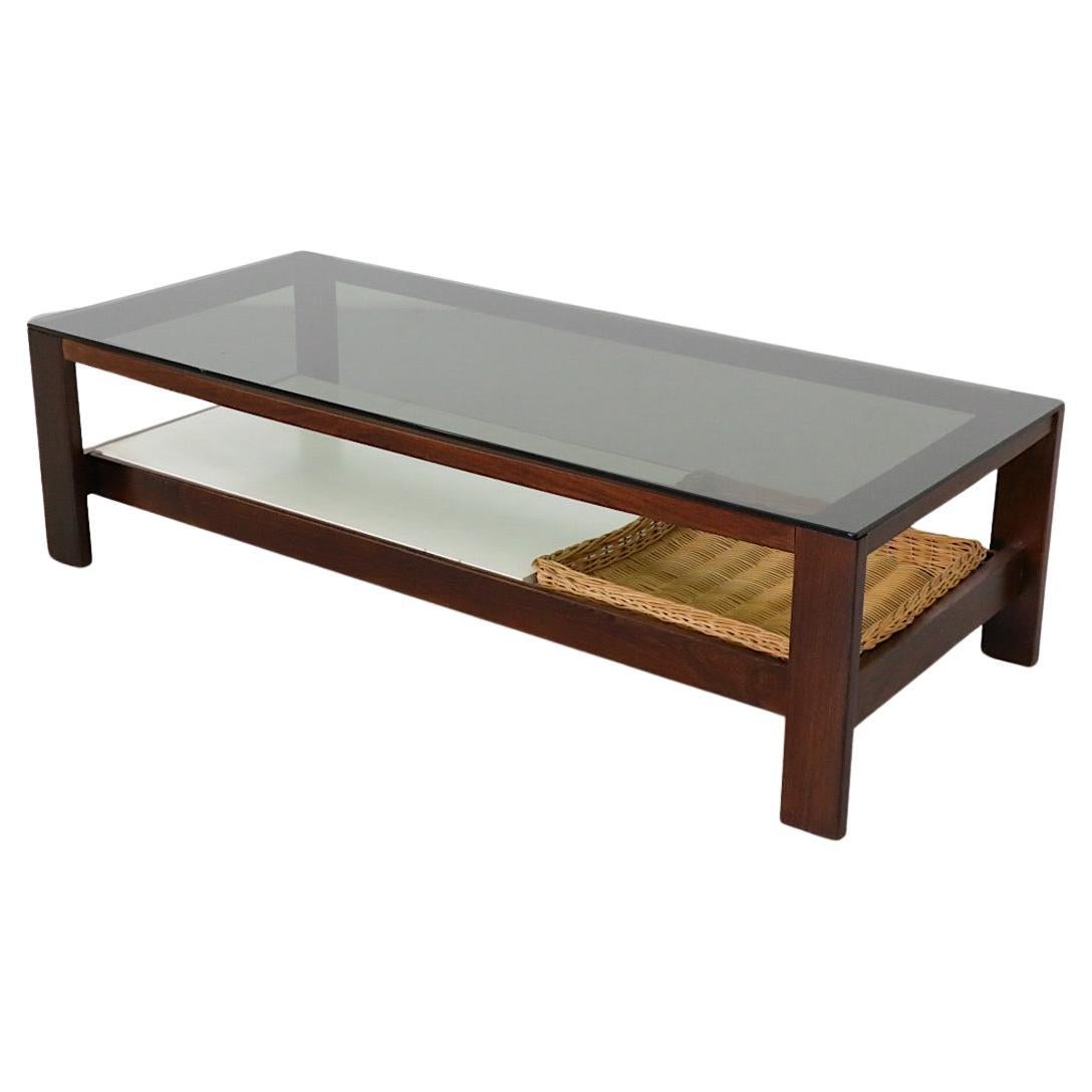 Table basse en wengé, formica et verre avec panier en rotin de Kho Liang Ie