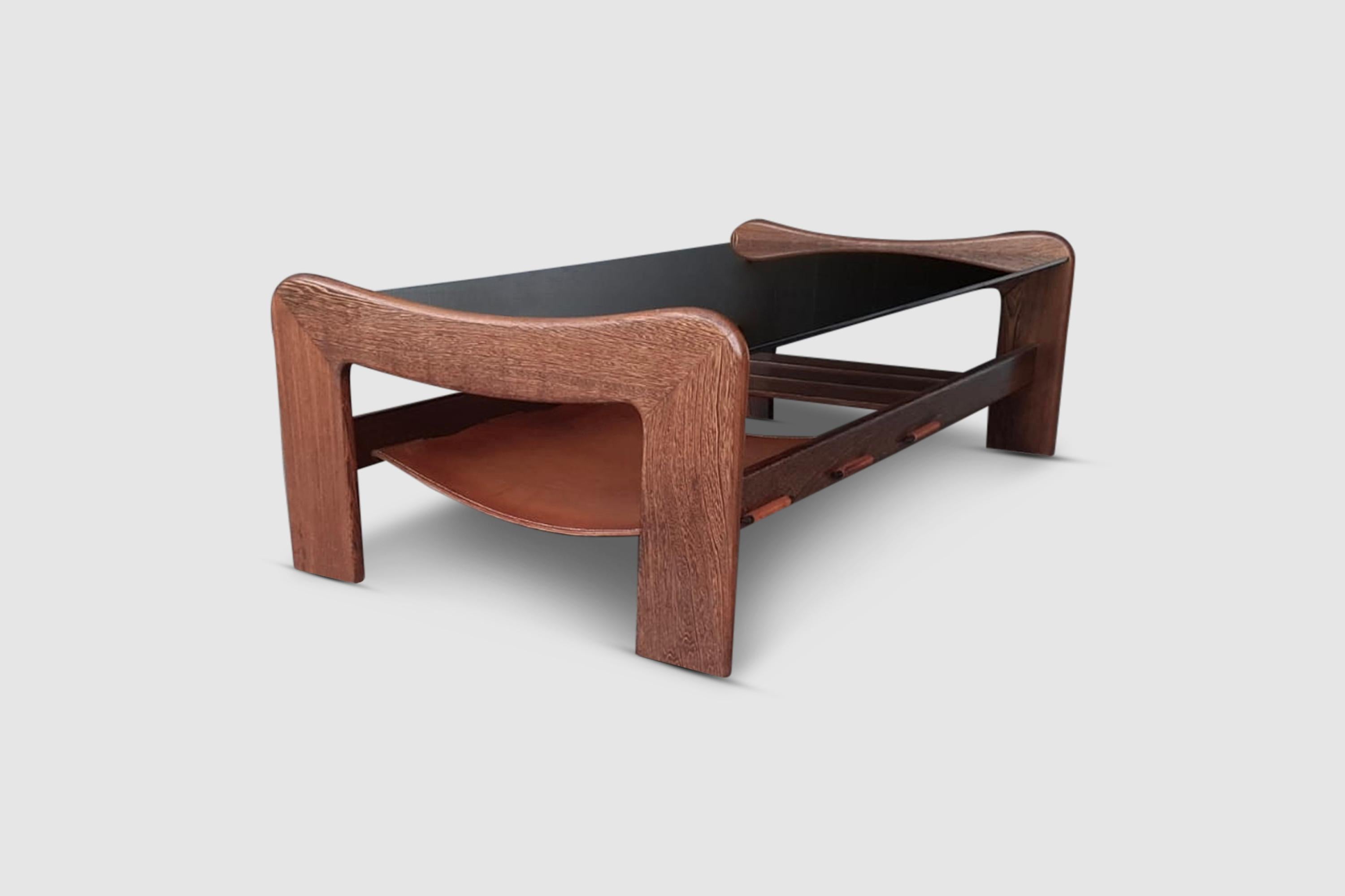Wengé, leather and glass coffee table in the manner of Percival Lafer 1970s 1