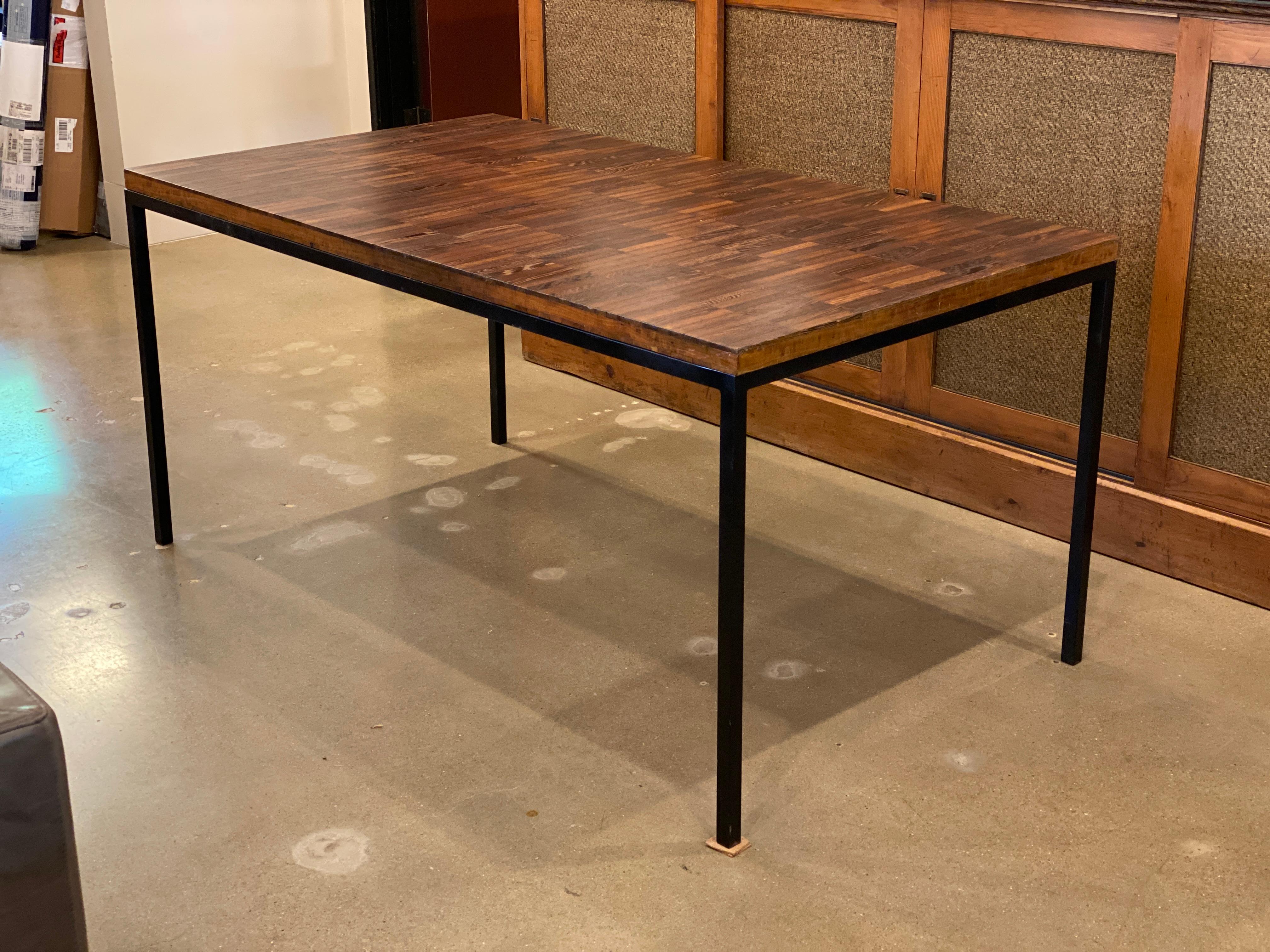 Mid-Century Modern table with blackened steel Parsons style base and wenge wood block top. Well sized for dining table, desk or conference table. Belgium, 1960s.