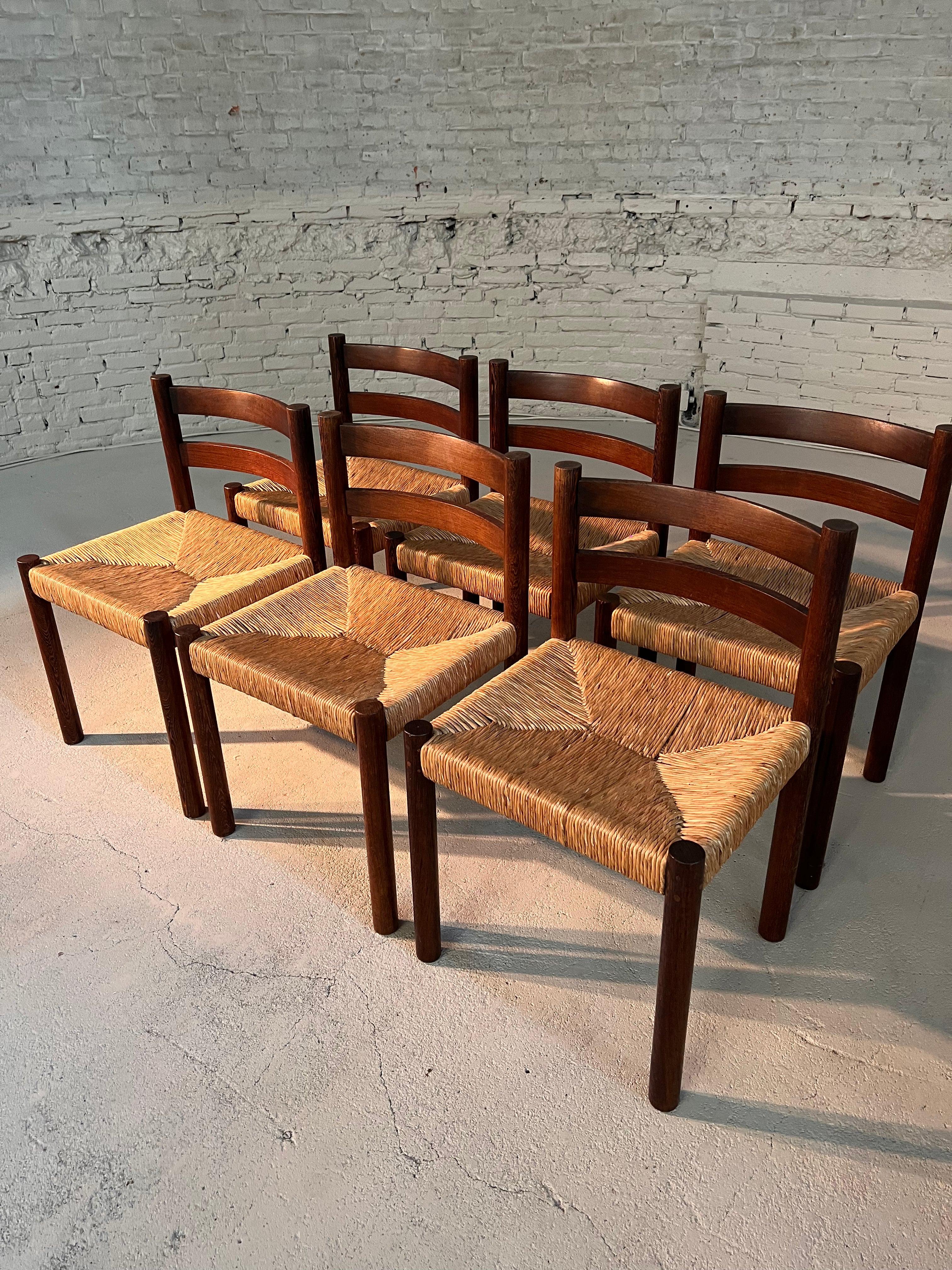 Mid-Century Modern Wengé Rush Chairs set of 6 For Sale