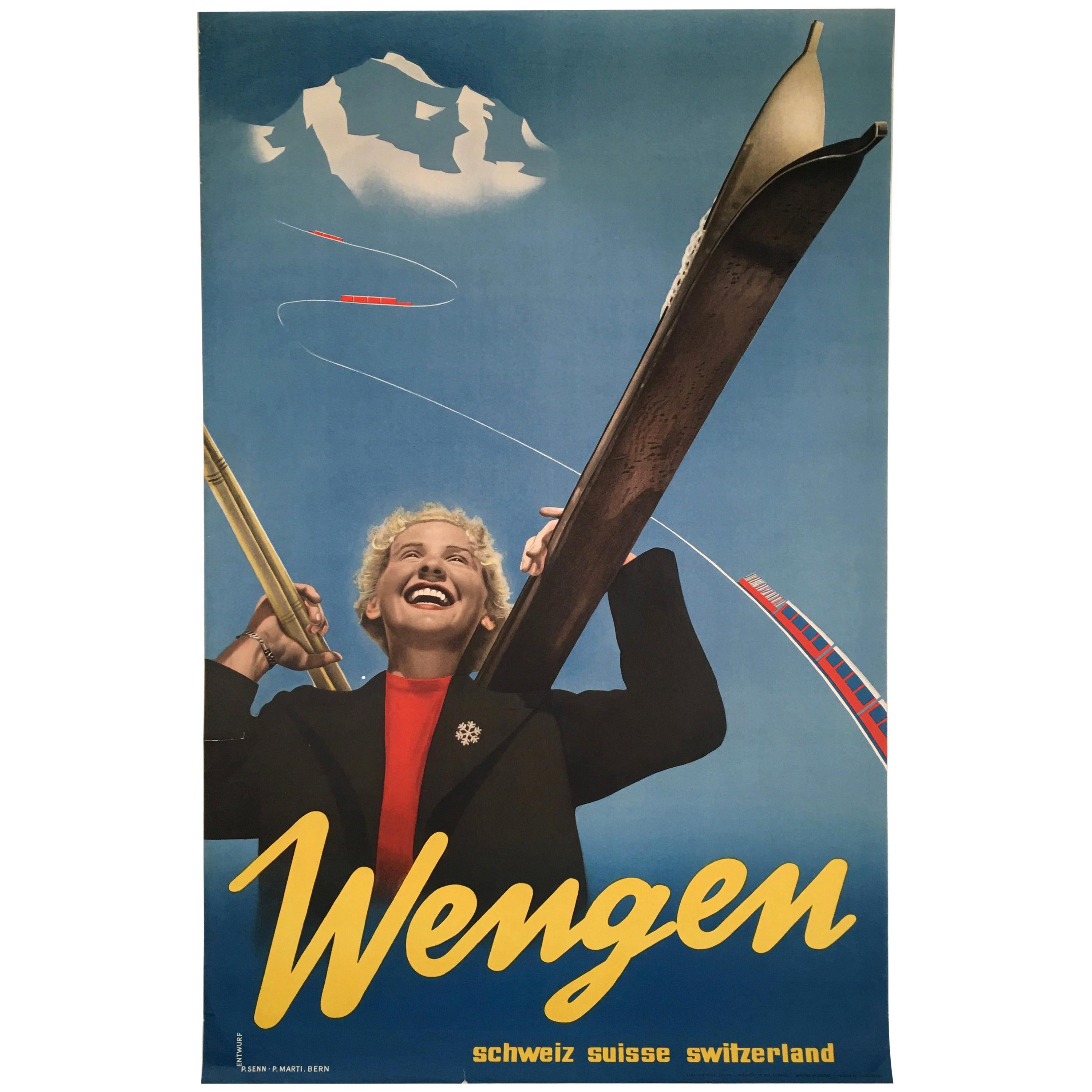 Wengen Swiss Ski Poster by P. Senn and P. Marti For Sale