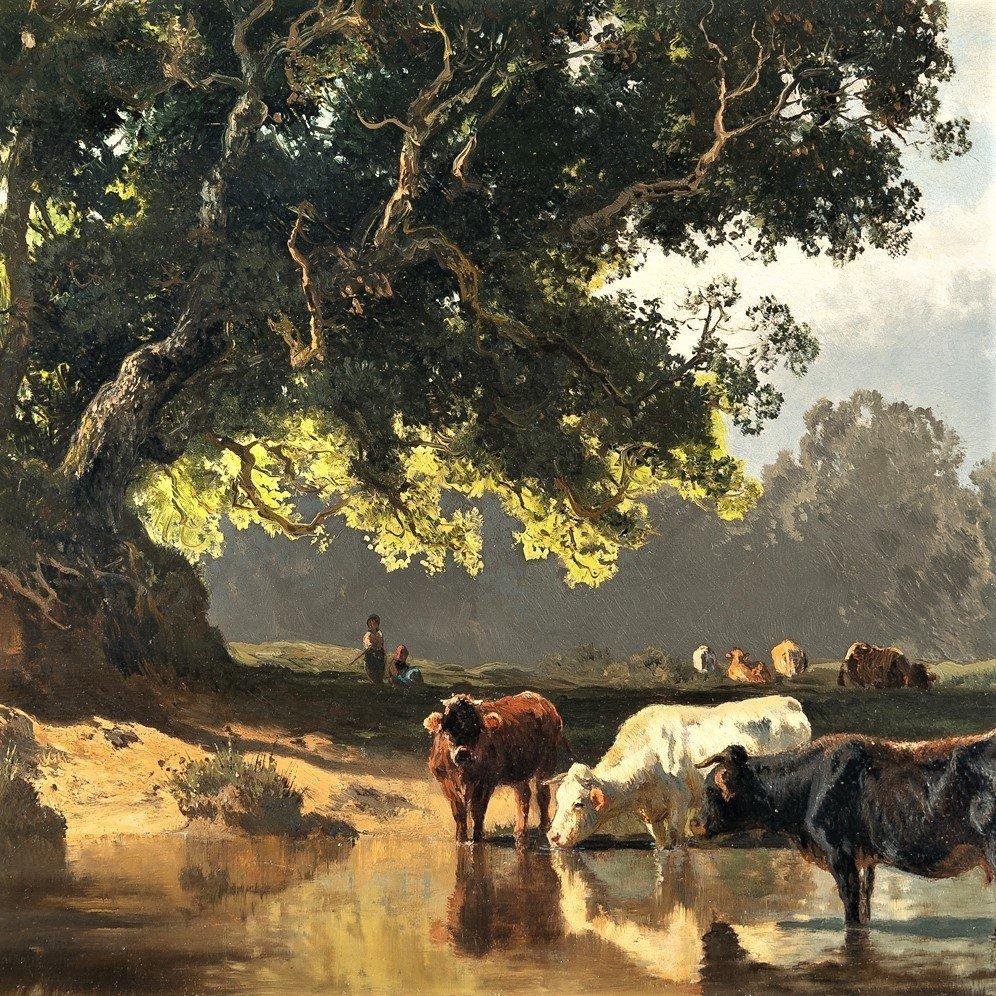 Öl auf Tafel von Wenglein Josef (1845 - 1919)+ Kühe an der Tränke im Angebot 13