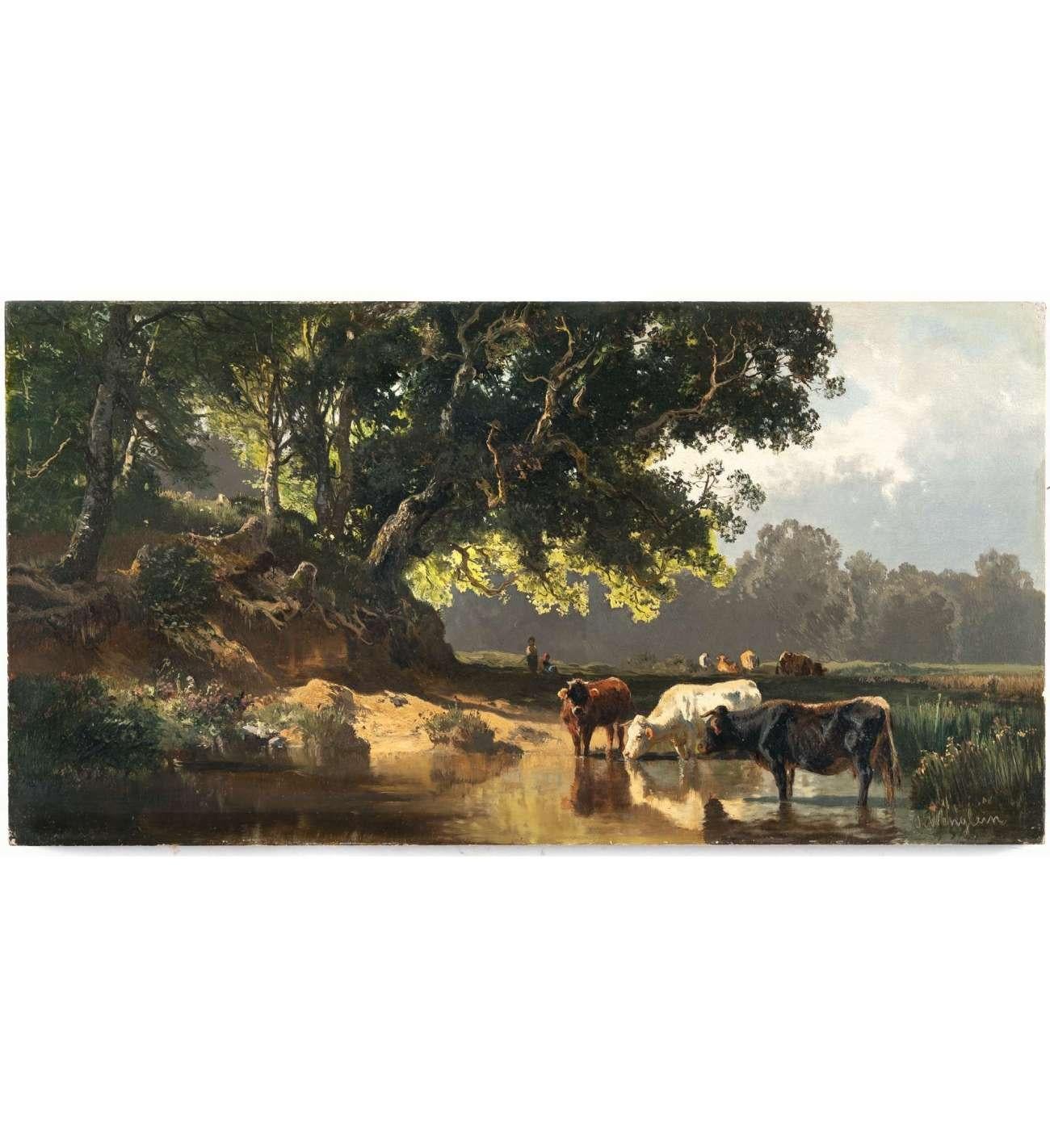 Öl auf Tafel von Wenglein Josef (1845 - 1919)+ Kühe an der Tränke im Angebot 2