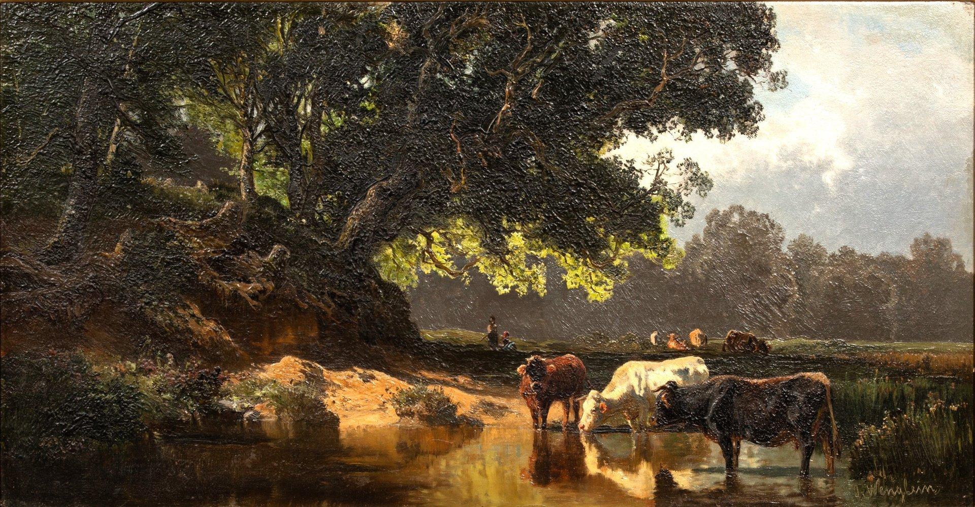 Öl auf Tafel von Wenglein Josef (1845 - 1919)+ Kühe an der Tränke im Angebot 5
