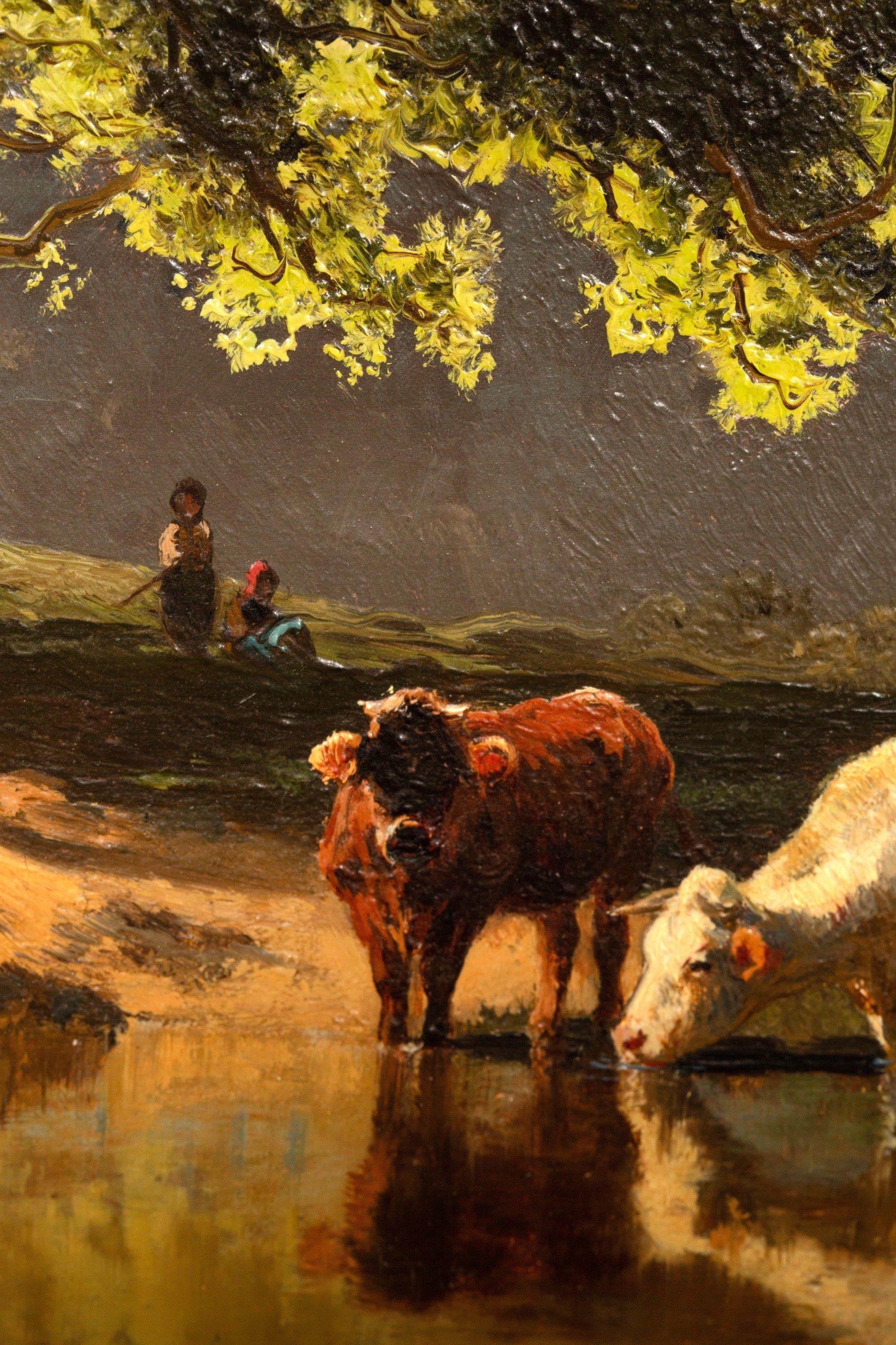 Öl auf Tafel von Wenglein Josef (1845 - 1919)+ Kühe an der Tränke im Angebot 6