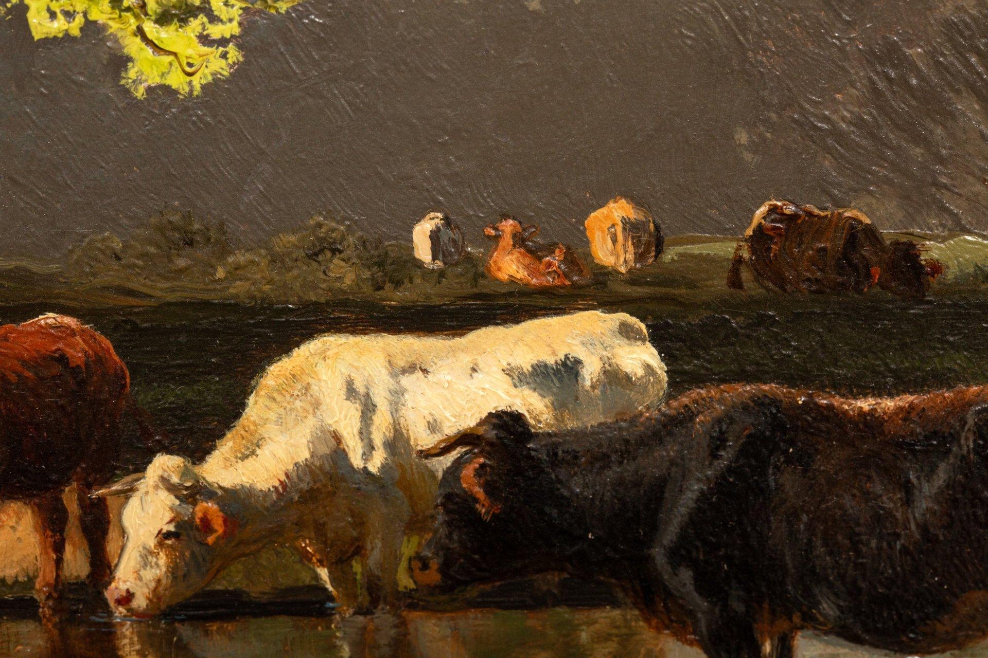 Öl auf Tafel von Wenglein Josef (1845 - 1919)+ Kühe an der Tränke im Angebot 7