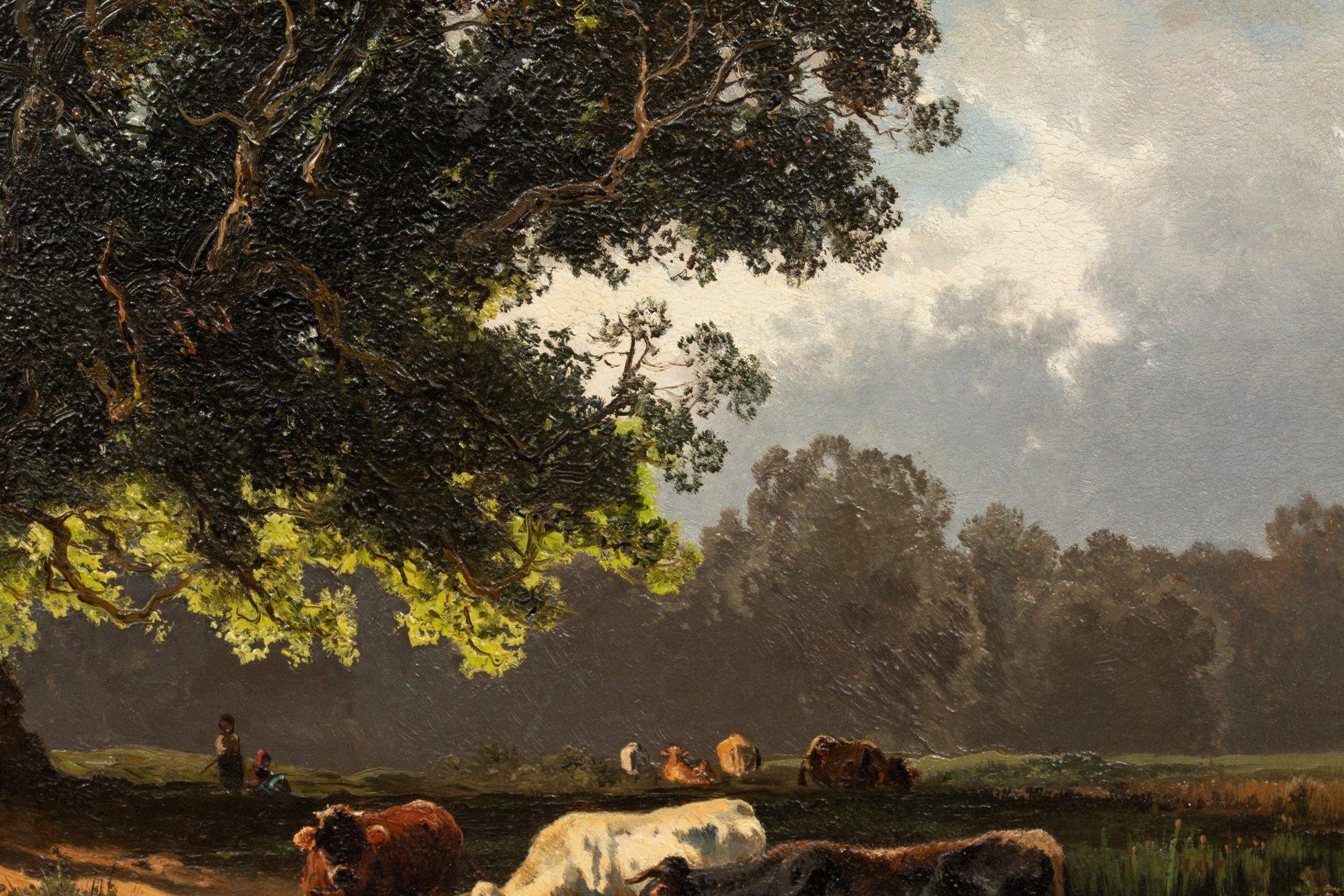 Öl auf Tafel von Wenglein Josef (1845 - 1919)+ Kühe an der Tränke im Angebot 8
