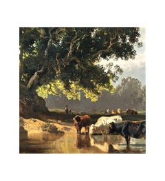 Huile sur panneau de Josef Wenglein (1845 - 1919)+ Vaches à l'abreuvoir