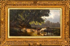 Oil on panel by Wenglein Josef (1845 - 1919)+ Cows at the watering place