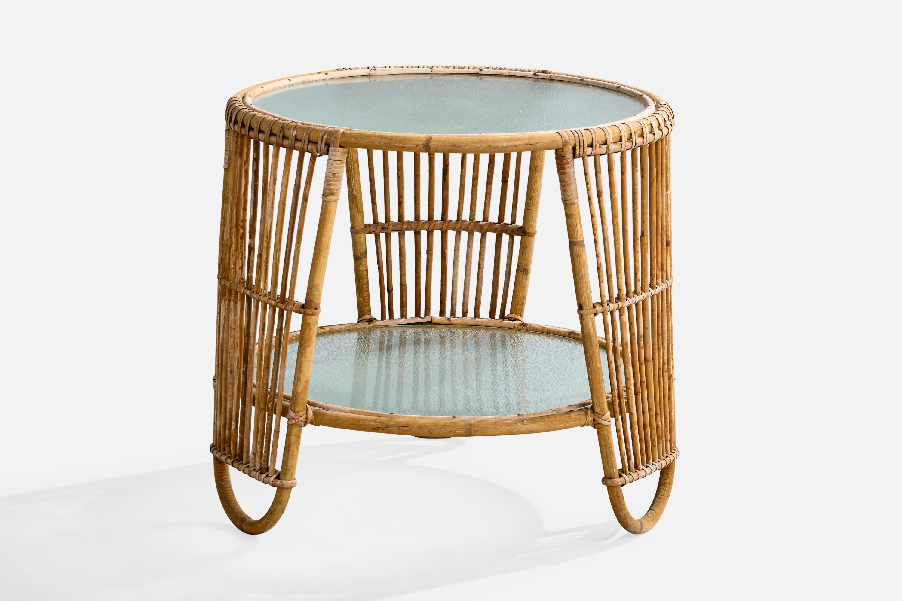 A bamboo, rattan and frosted glass side table attributed to Wengler, Denmark, c. 1950s.

Overall Dimensions (inches): 20.25