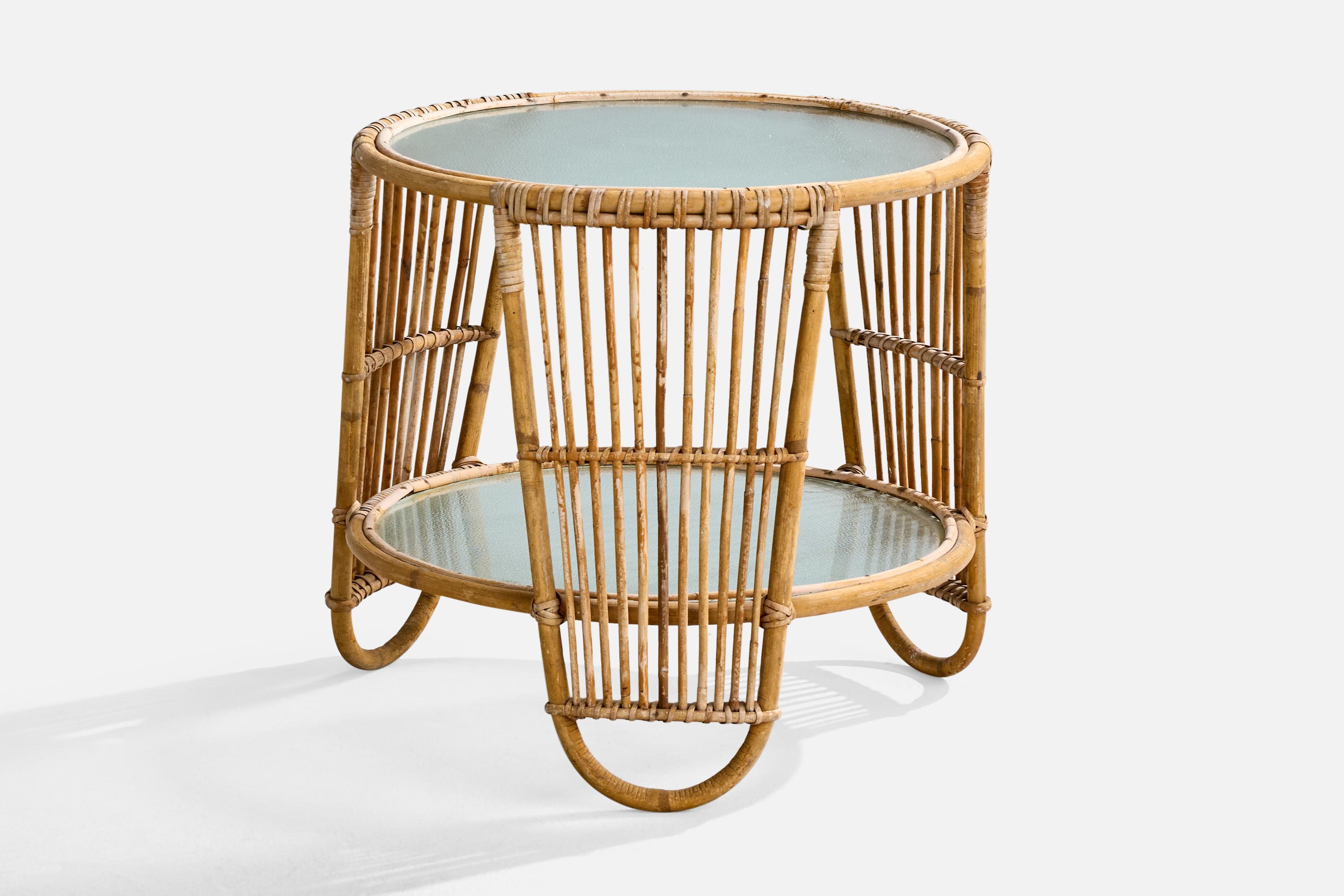 Mid-Century Modern Wengler Attribution, Side Table, Bamboo, Rattan, Glass, Denmark, 1950s For Sale
