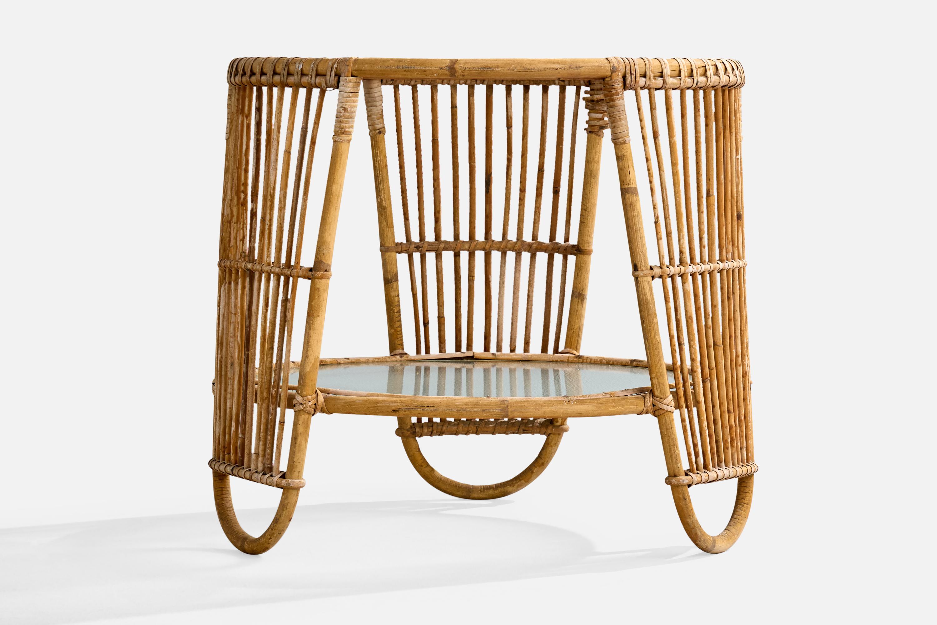 Danish Wengler Attribution, Side Table, Bamboo, Rattan, Glass, Denmark, 1950s For Sale