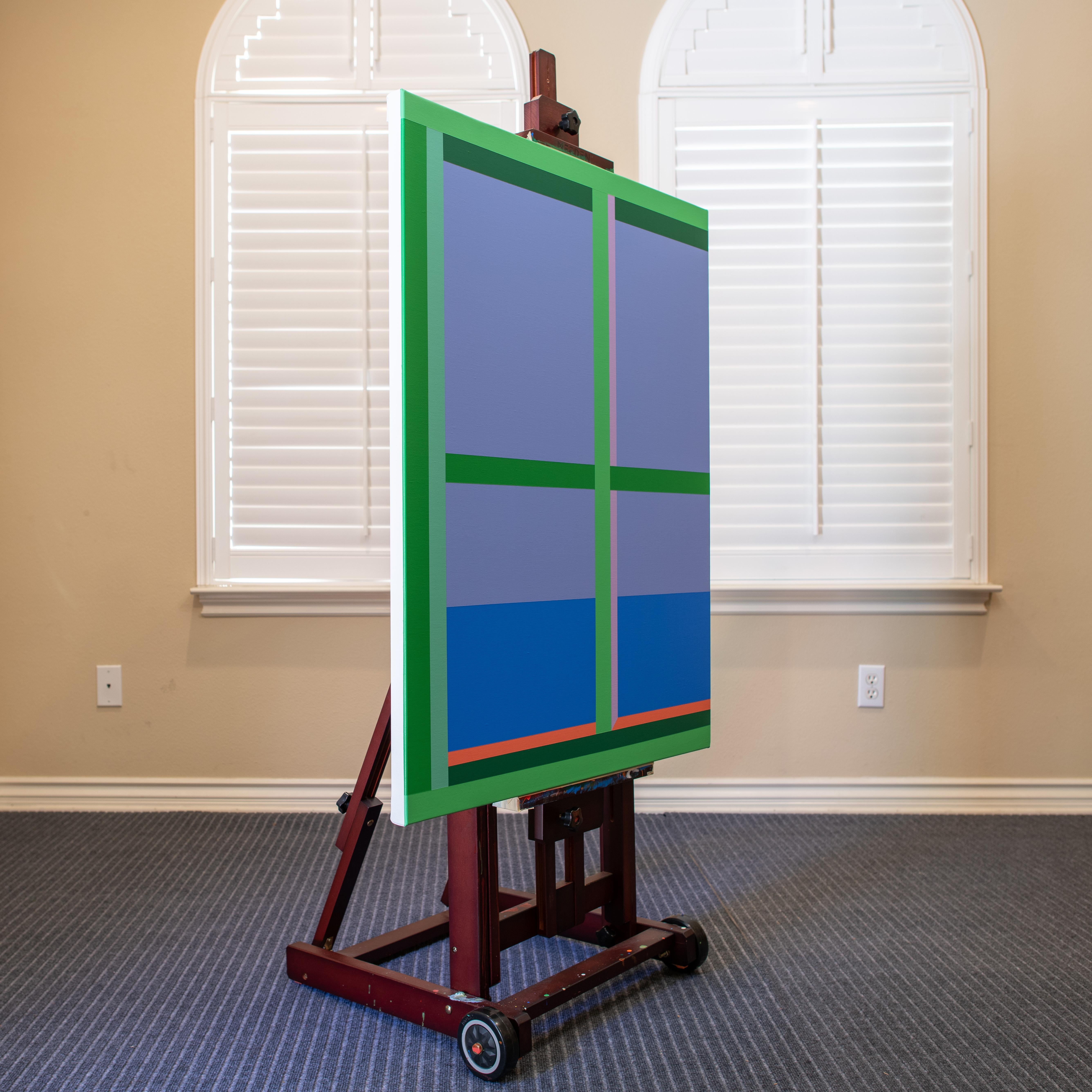 <p>Artist Comments<br>A green window reveals a serene horizon of blue and lavender hues. The arrangement of shapes and colors creates a dynamic play of light and shadow. Its abstract yet purposeful composition brings a sense of calm and order,