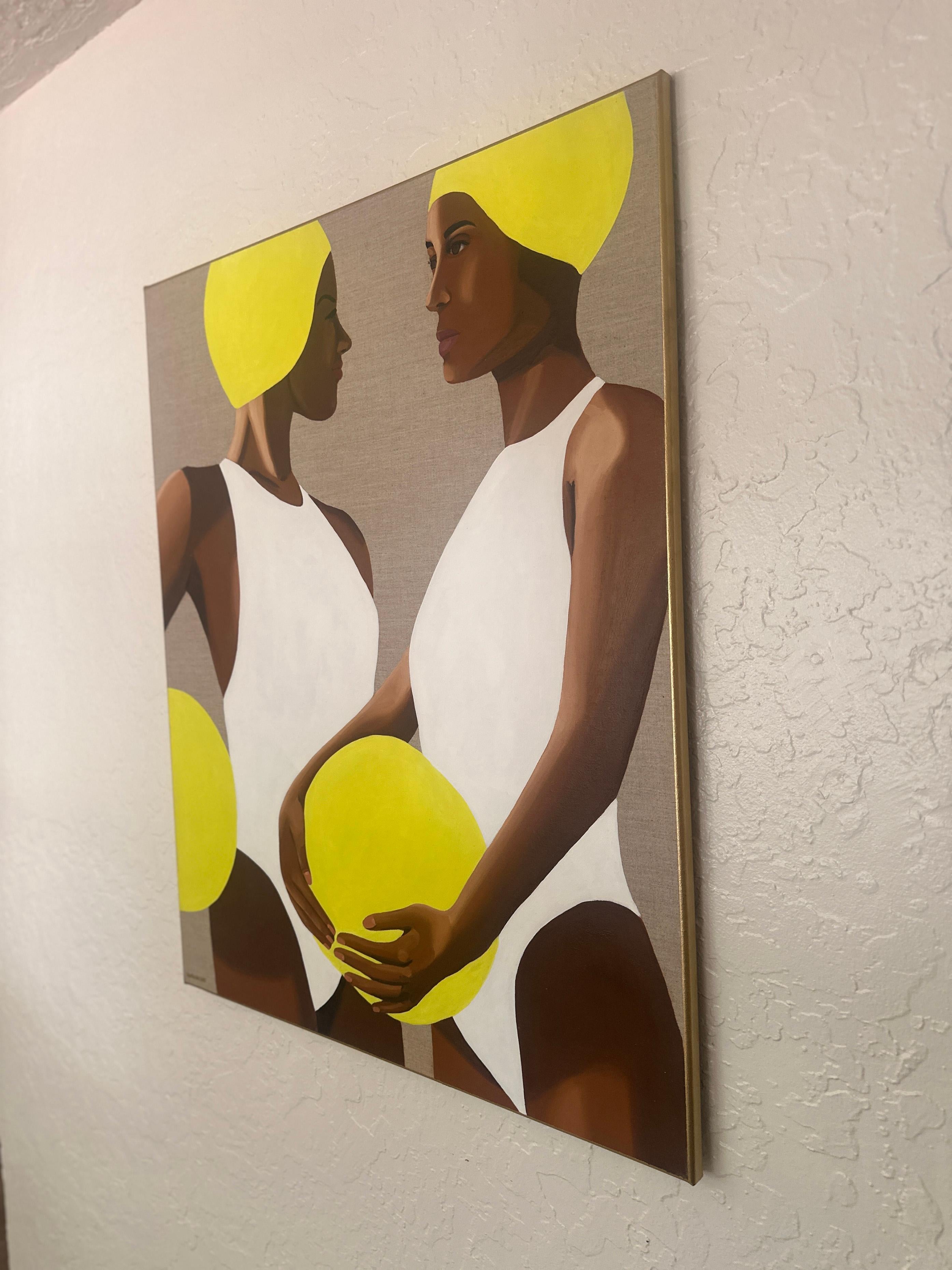 2 Beachballers - Acryl und Öl auf Leinwand (Beige), Figurative Painting, von Wenke Uhl