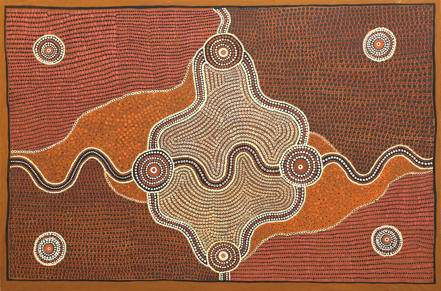 Wenten Rubuntja (1926-2005) 
Título "Sueño de emú 
Pintura aborigen
Tamaño: 182x275 cm 
año:  1987 
Acrílico y pigmentos sobre lienzo
inscrita en el verso con el nº de cat. 242 de Avant Galleries

Procedencia: Papunya, Galerías Avant,