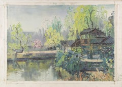 Wenxue Hong Landscape Original Oil On Canvas "Greenery by a Lake" (Paysage original à l'huile sur toile)