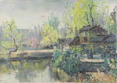 Wenxue Hong Landscape Original Oil On Canvas "Greenery by a Lake"