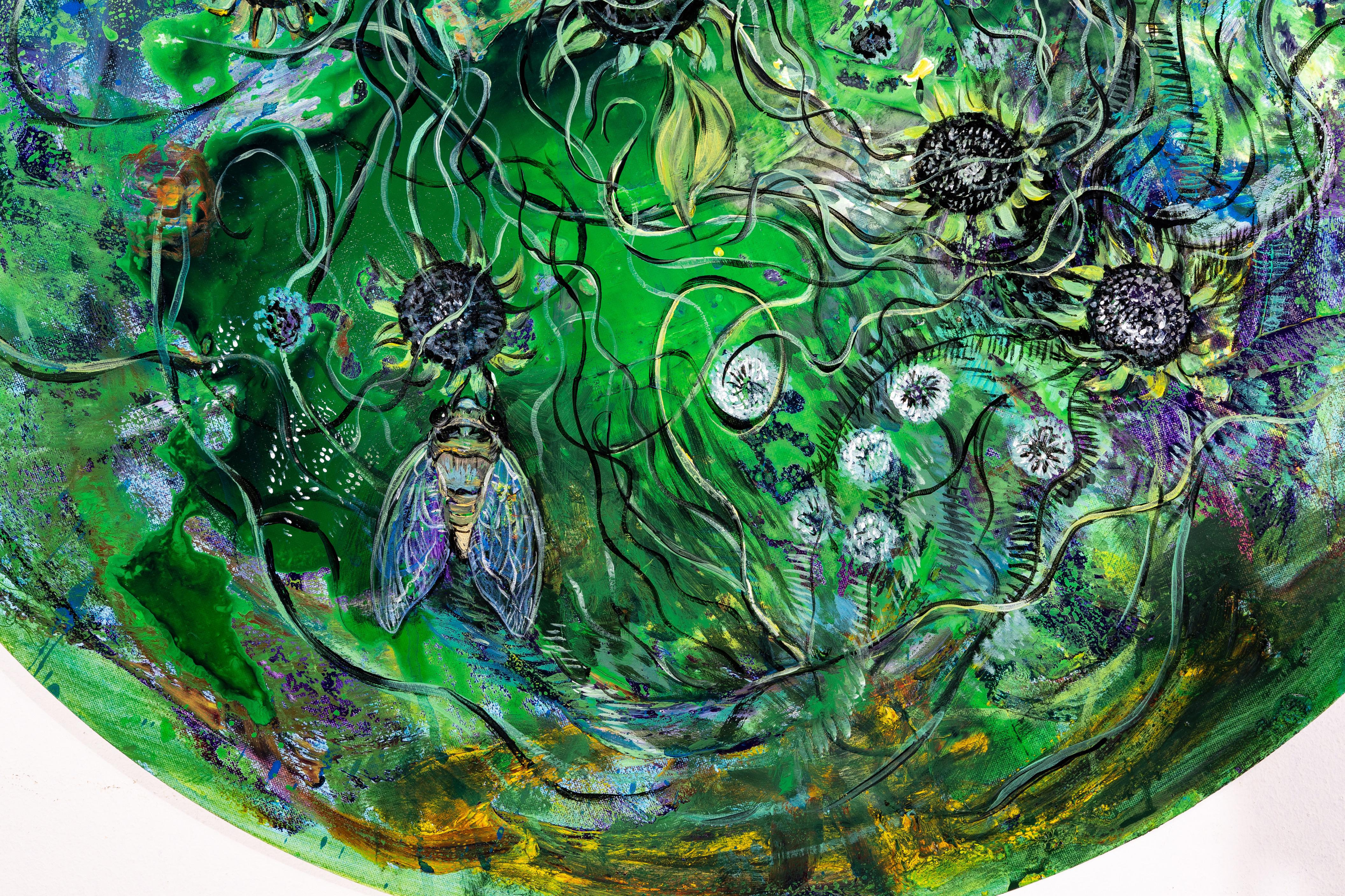 Circular oil and acrylic painting by artist Wenyu Zhu. The work shows a unique imaginal season that doesn’t exist in reality – the fifth season. In this season, we can see both green in spring and sunflower in summer. Bird and cicada are staying