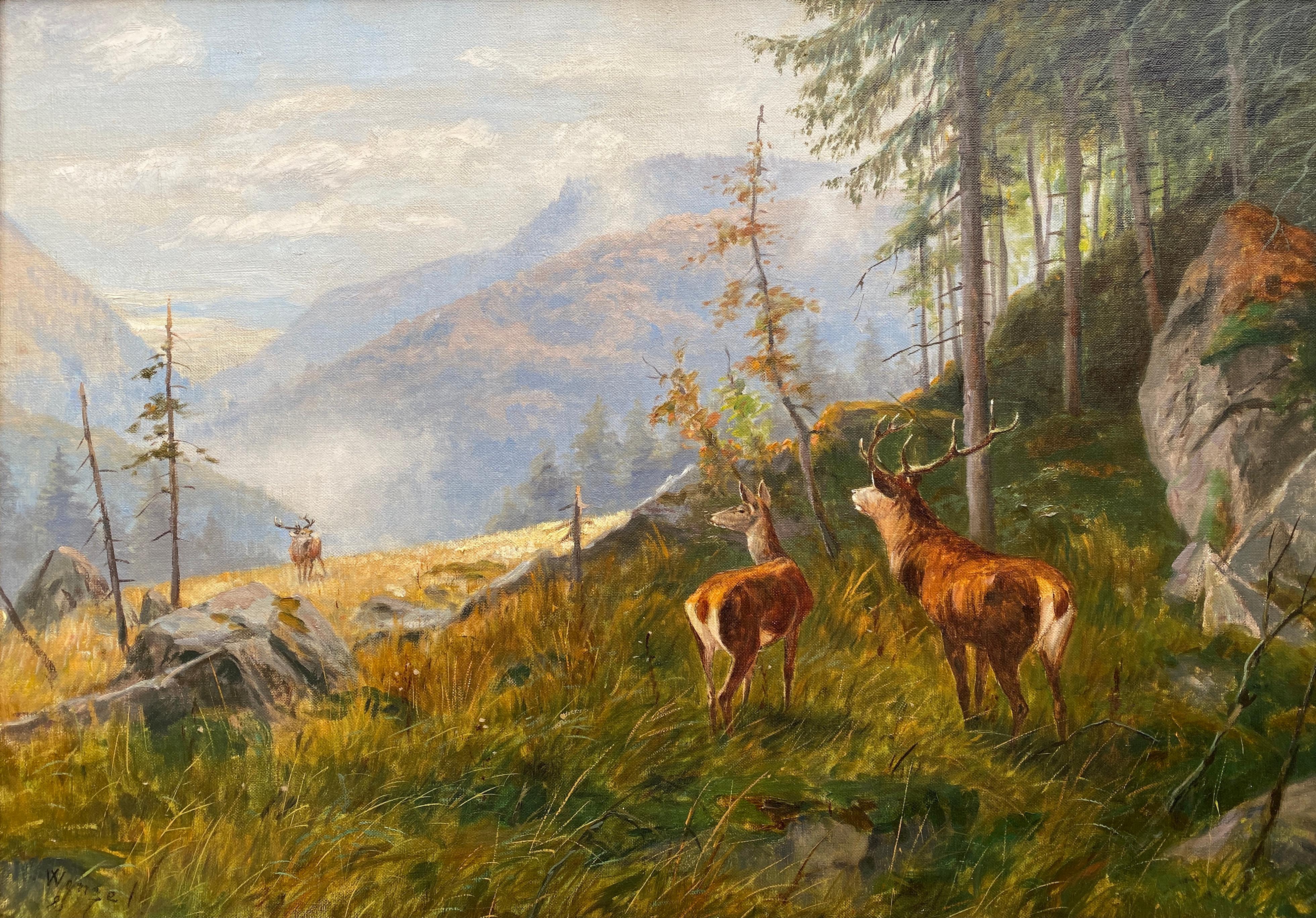 Deer in a Mountain Landscape, Karl-Heinz Wenzel, 20th Century, German Painter - Painting by Wenzel Karl-Heinz