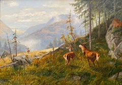 Deer in a Mountain Landscape, Karl-Heinz Wenzel, 20th Century, German Painter
