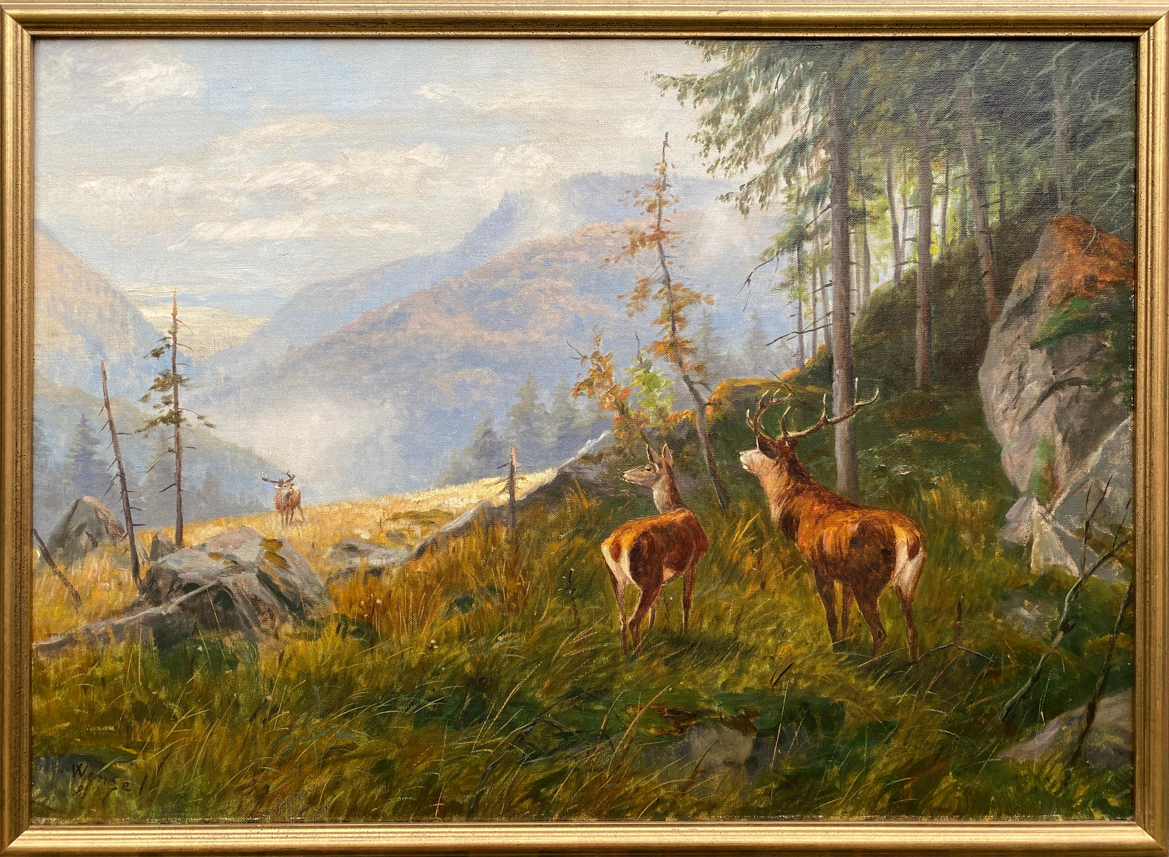 Deer in a Mountain Landscape, Karl-Heinz Wenzel, 20th Century, German Painter