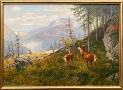 Paysage de cerf dans un paysage de montagne, Karl-Heinz Wenzel, peintre allemand, XXe siècle