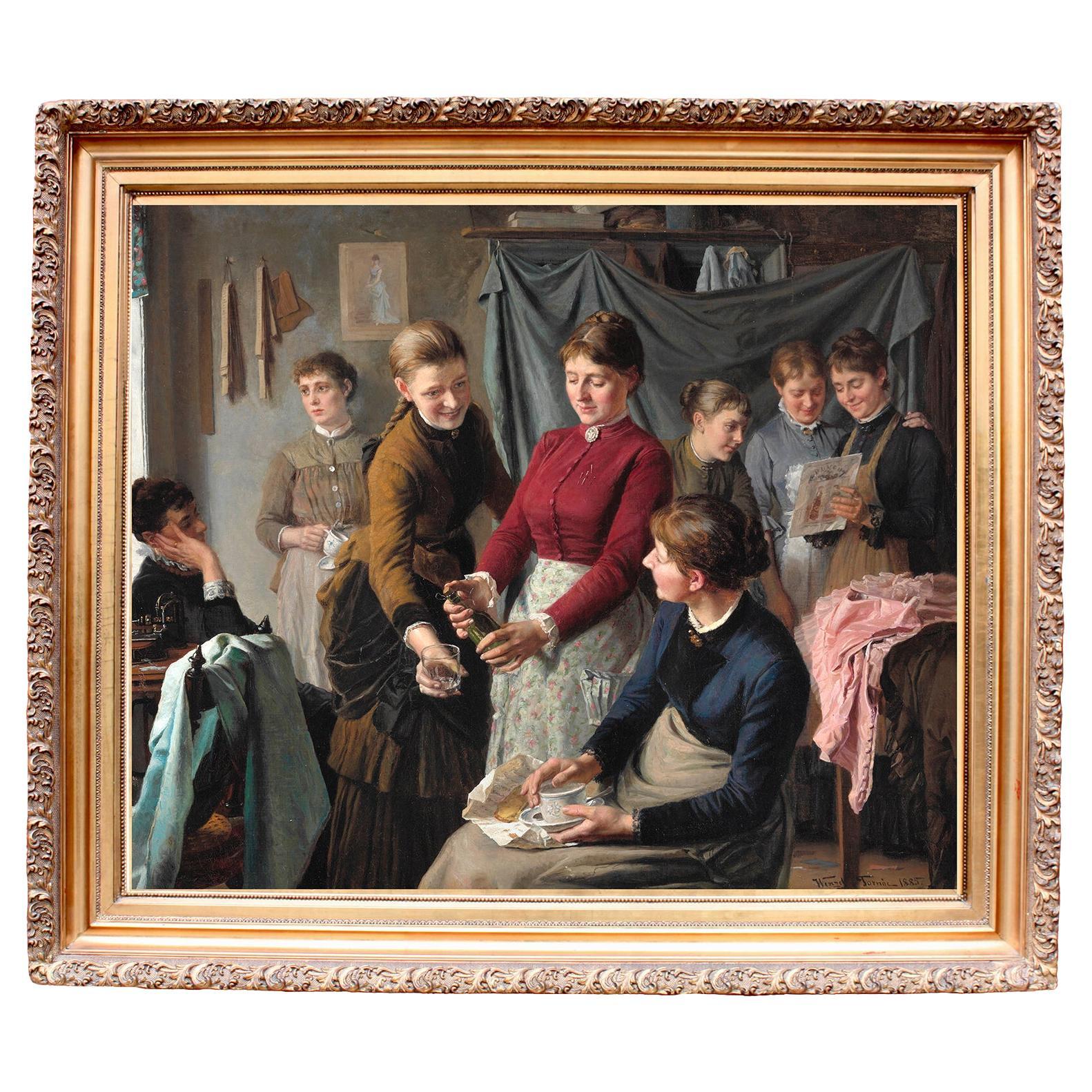 Wenzel Ulrik Tornøe a Large Oil on Canvas "the Sewing Room" For Sale