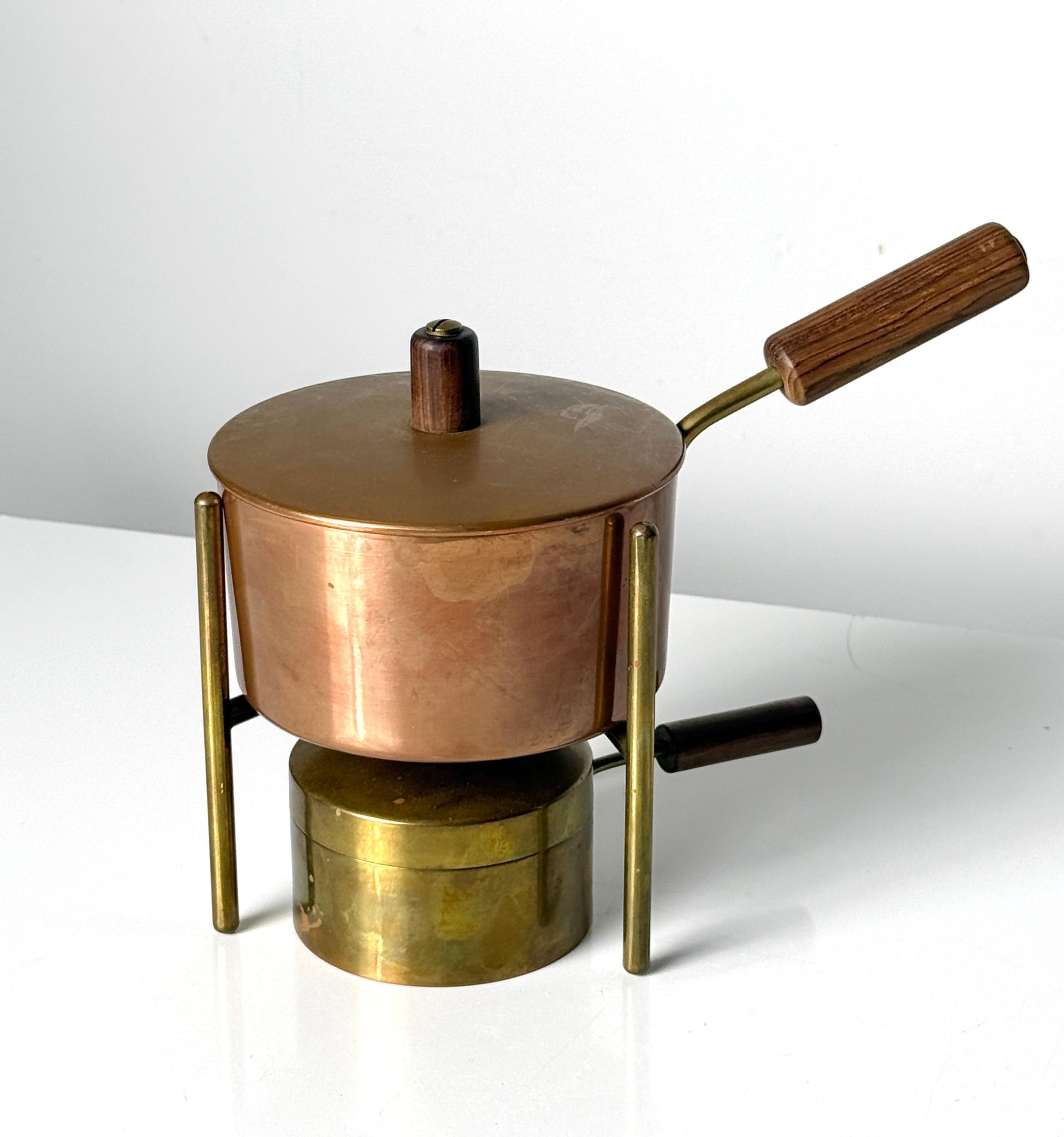 Fondue set by Carl Aubock II Austria circa 1950s

Complete set with lidded copper pot inset to brass tripod stand and brass warmer
Signed in 3 places

10 inch overall width
5.5 inch overall depth
8 inch overall heigh
5.25 inch pot diameter