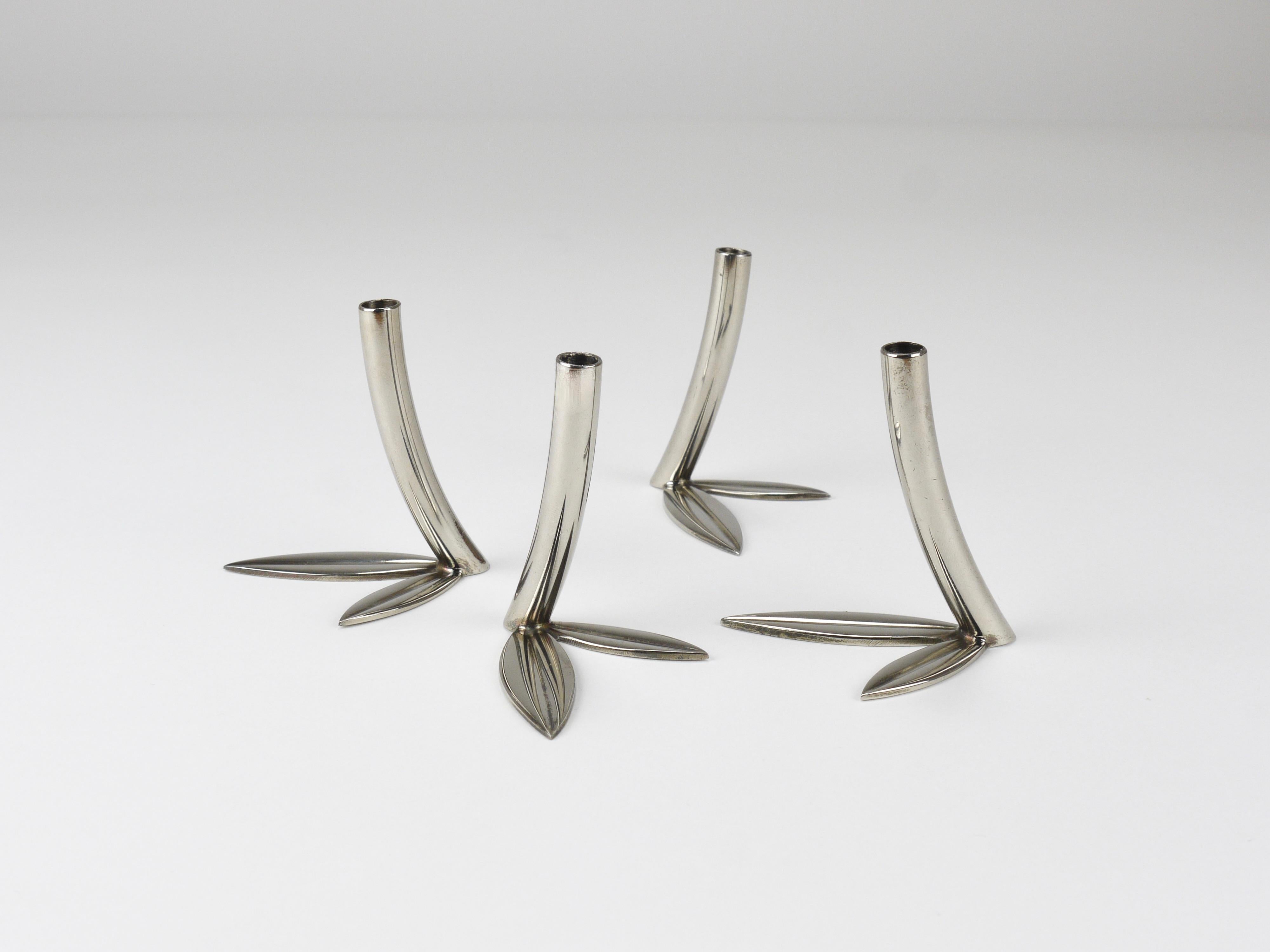 Werkstätte Hagenauer 4 vasi a foglia Soliflores, ottone e nichel, Vienna, anni '60 1