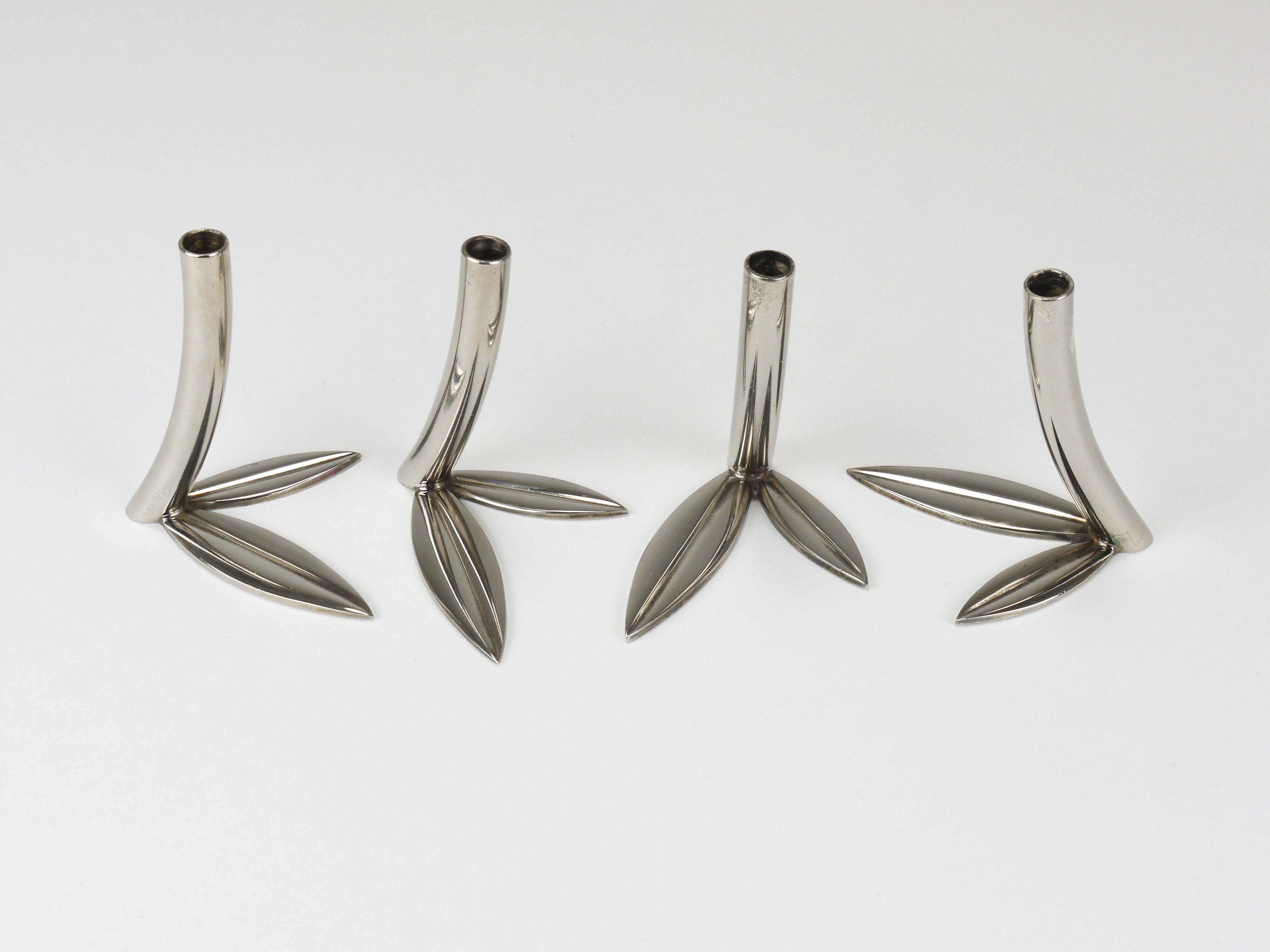Werkstätte Hagenauer 4 vasi a foglia Soliflores, ottone e nichel, Vienna, anni '60 3