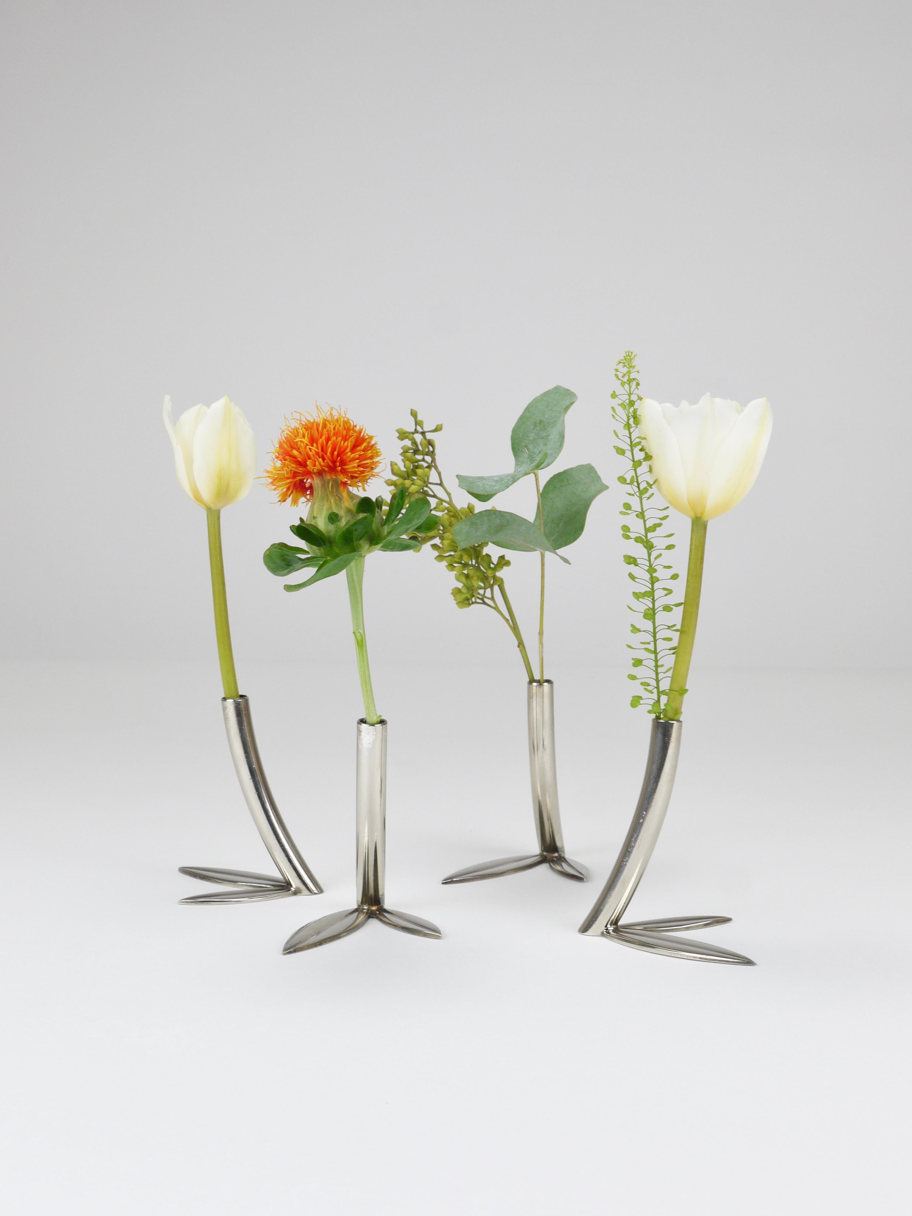 Werkstätte Hagenauer 4 vasi a foglia Soliflores, ottone e nichel, Vienna, anni '60 4